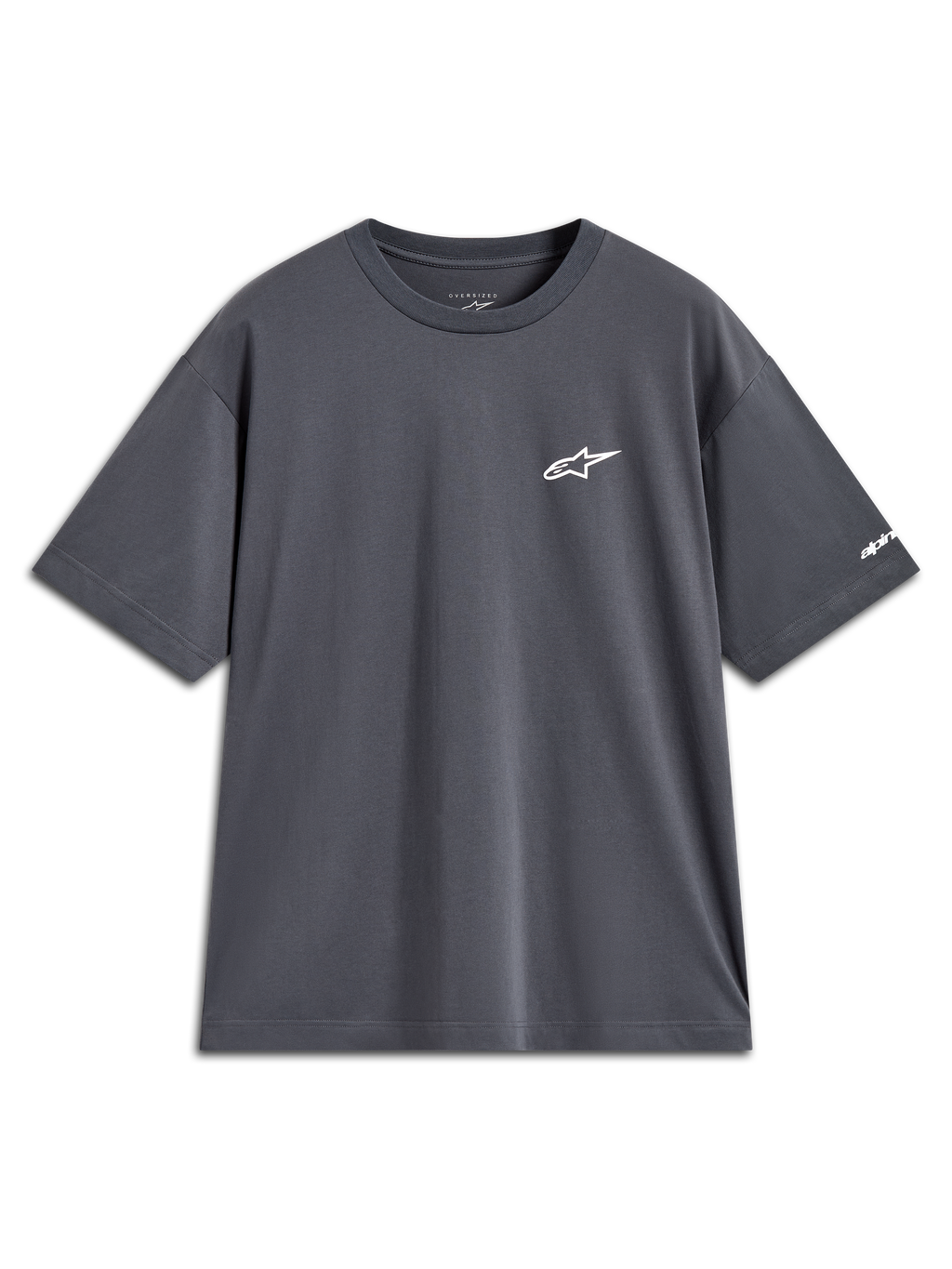 Alpinestars Mandate Oversized CSF T-Shirt, Kurzarm-Sportswear in Anthrazitgrau, weißes Stern-Logo und Ärmelgrafik, lockere Passform.