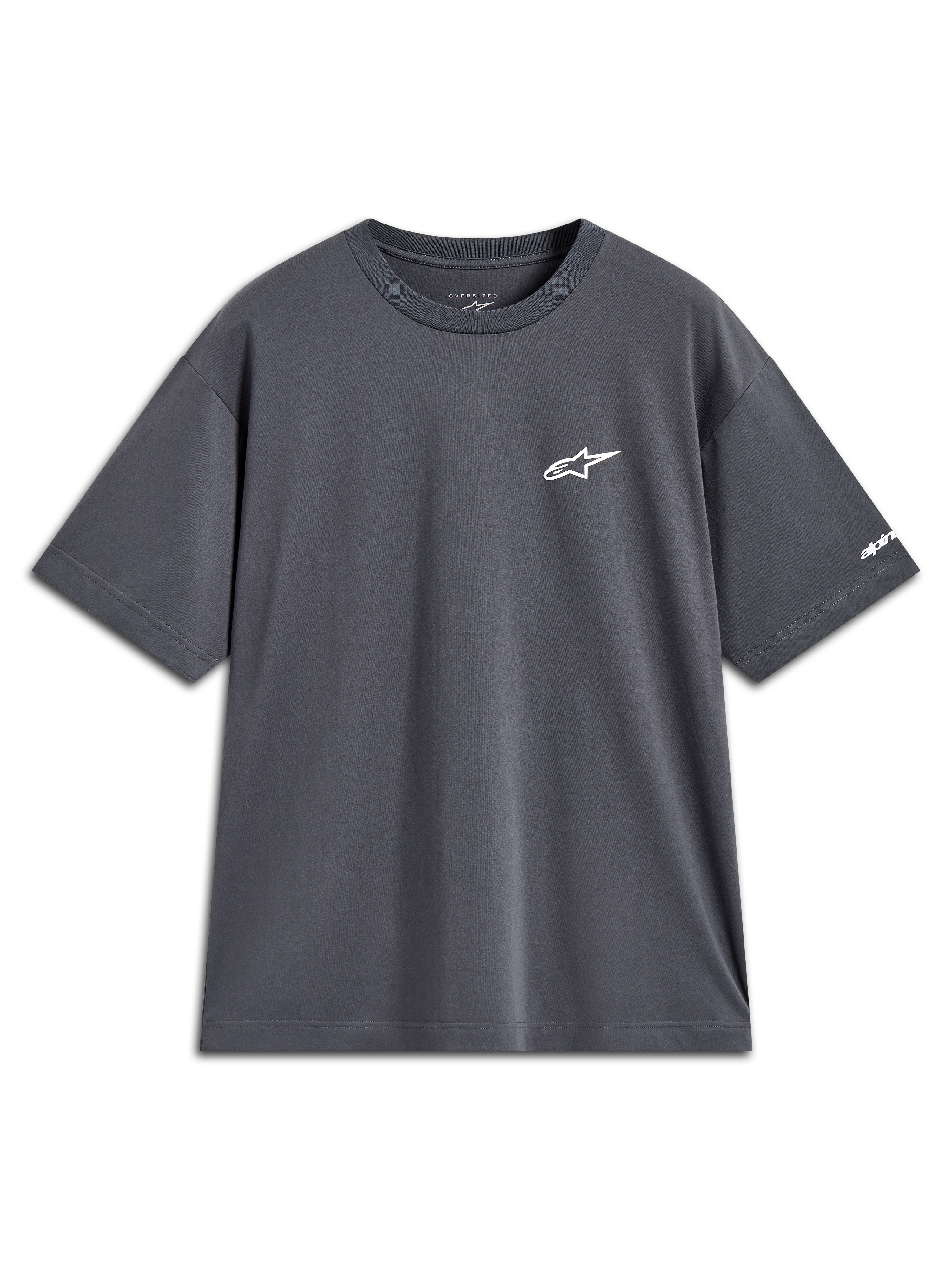 Alpinestars Mandate Oversized CSF T-Shirt, Kurzarm-Sportswear in Anthrazitgrau, weißes Stern-Logo und Ärmelgrafik, lockere Passform.