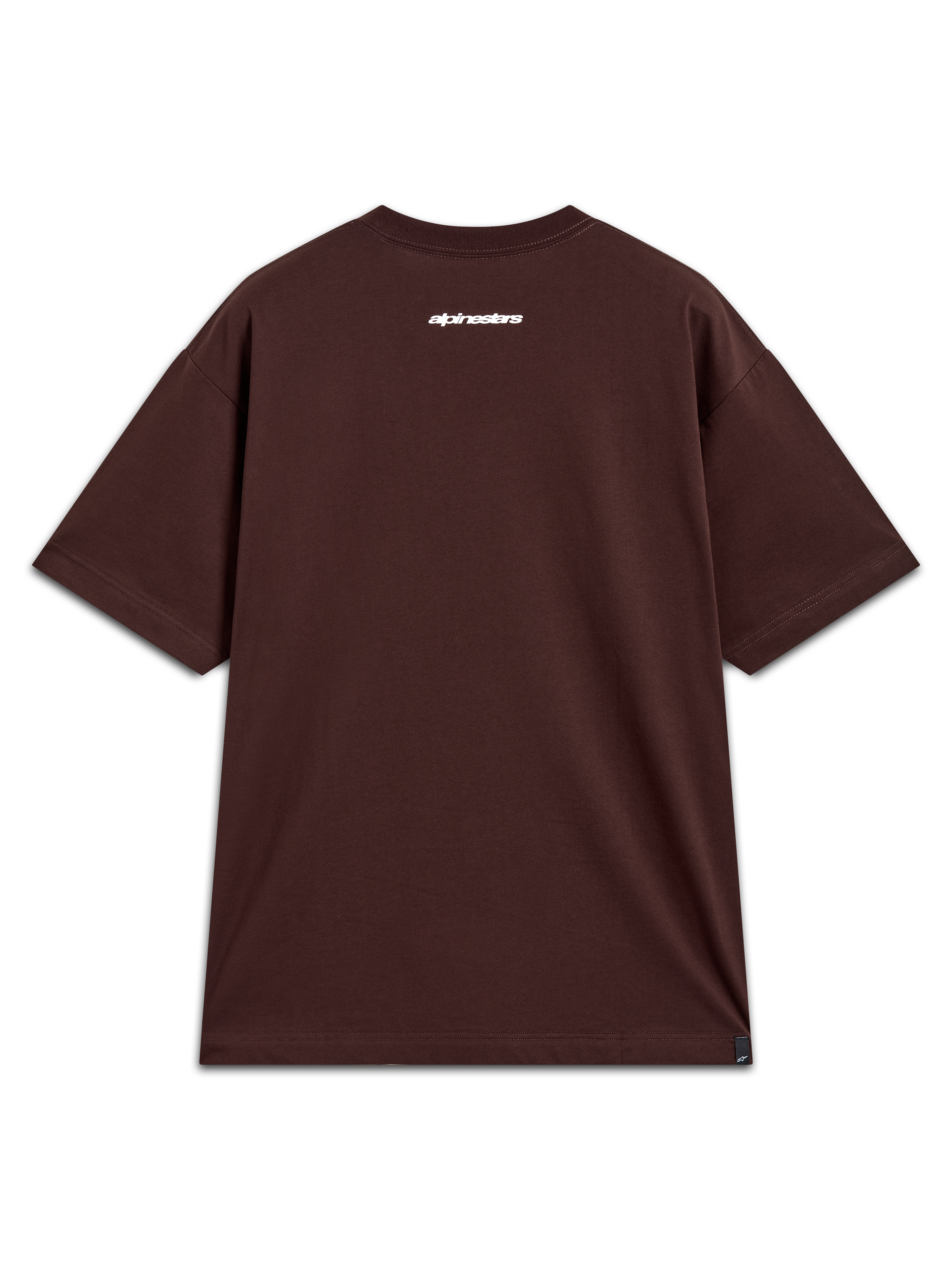 Alpinestars Mandate Oversized CSF T-Shirt, braunes Kurzarm-T-Shirt mit weißer Alpinestars-Wortgrafik auf dem Rücken.
