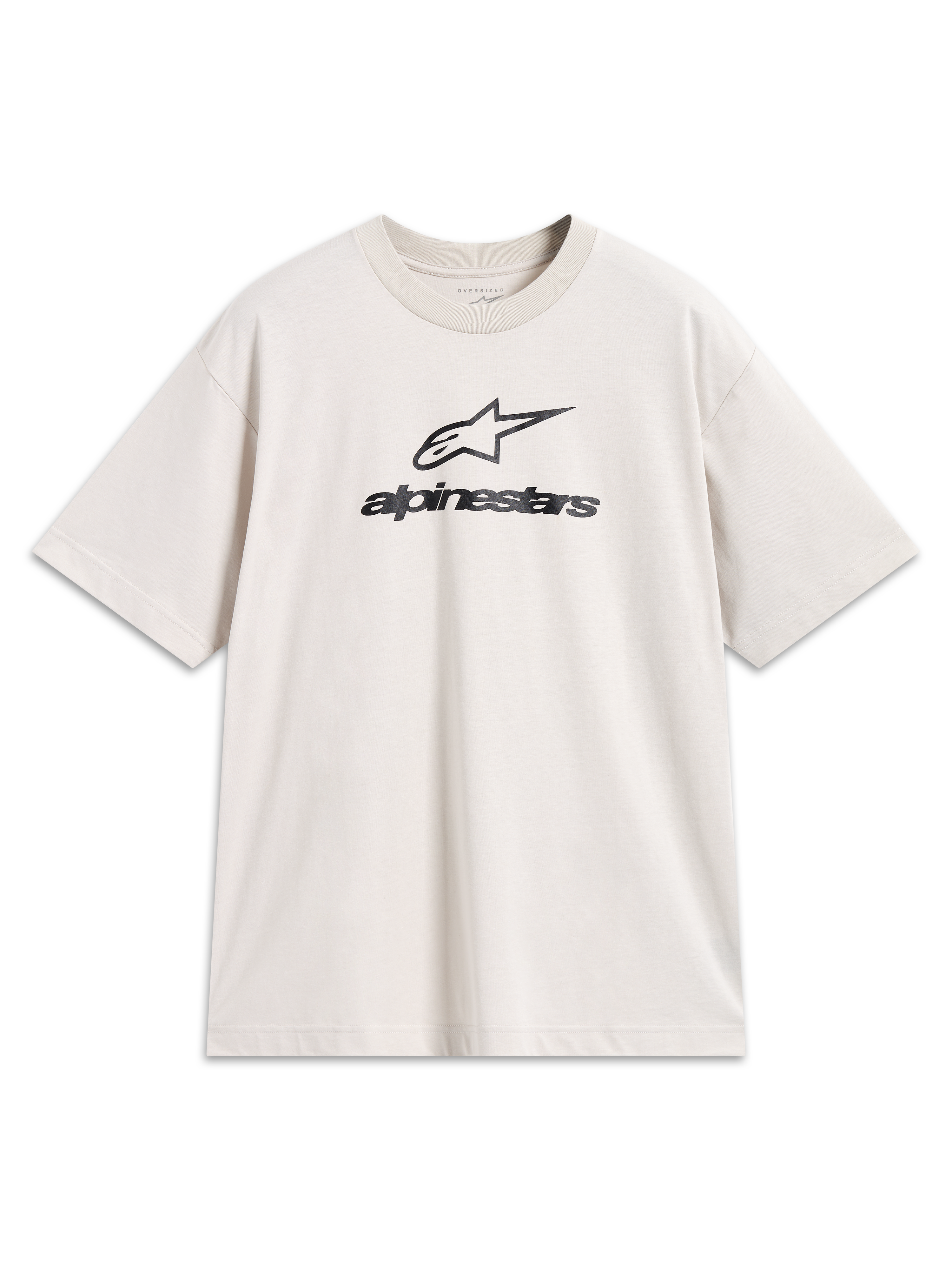Alpinestars Prelude Oversized CSF Tee, Kurzarm-T-Shirt in Sand mit schwarzem Logo-Print, lässige Motorsport-Streetwear.