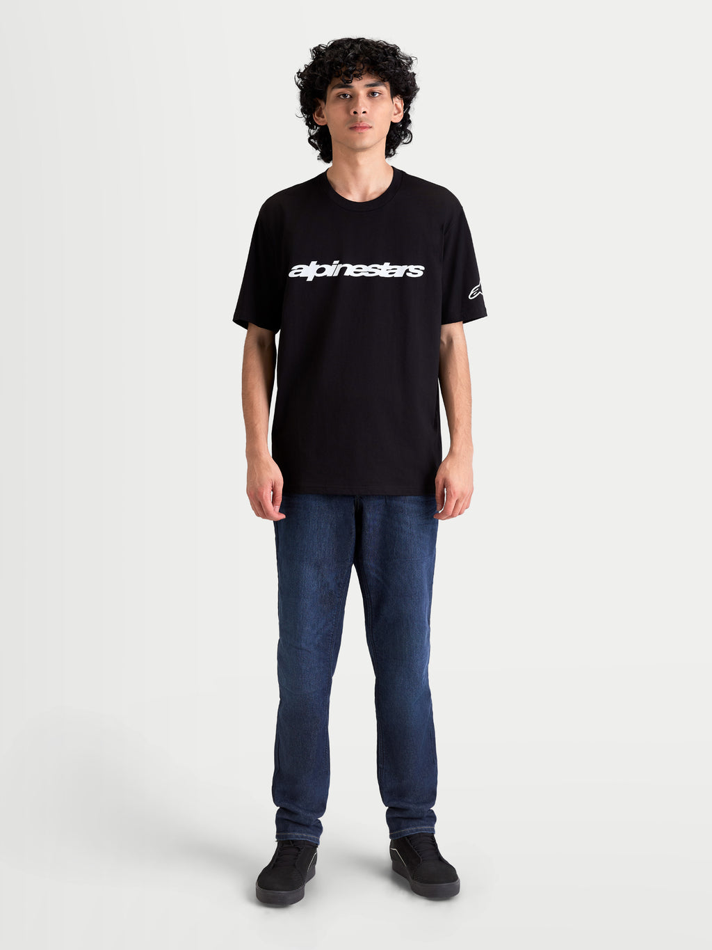 Alpinestars Race Wordmark CSF Tee, Men's Short Sleeve Sportswear T-Shirt in Black and White, featuring a bold Alpinestars wordmark on the chest and an Ageless logo on the sleeve, casual motorsport-inspired apparel.