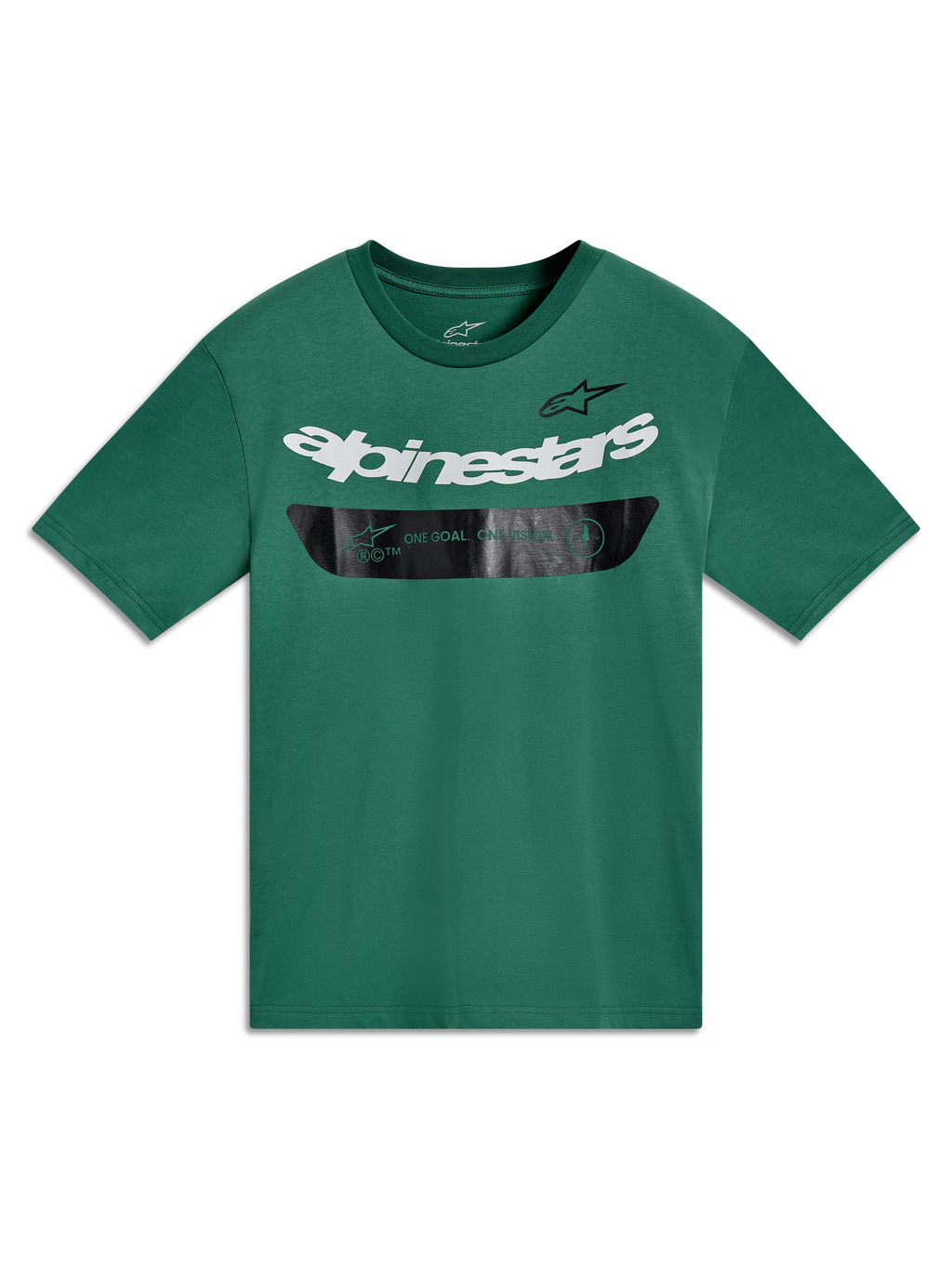 Alpinestars Singular CSF T-Shirt, Kurzarm-T-Shirt, Grün, weißes Logo-Wortmarke und schwarzes Grafikband, Sport-Lifestyle-Mode.