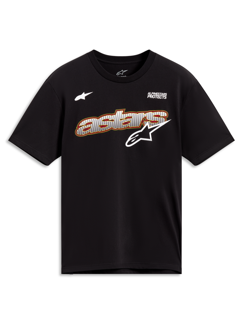 Alpinestars Cypress CSF T-Shirt, Kurzarm-Sportswear in Schwarz mit weißer Mesh-Astars-Grafik, lässiger Motorsport-Stil.
