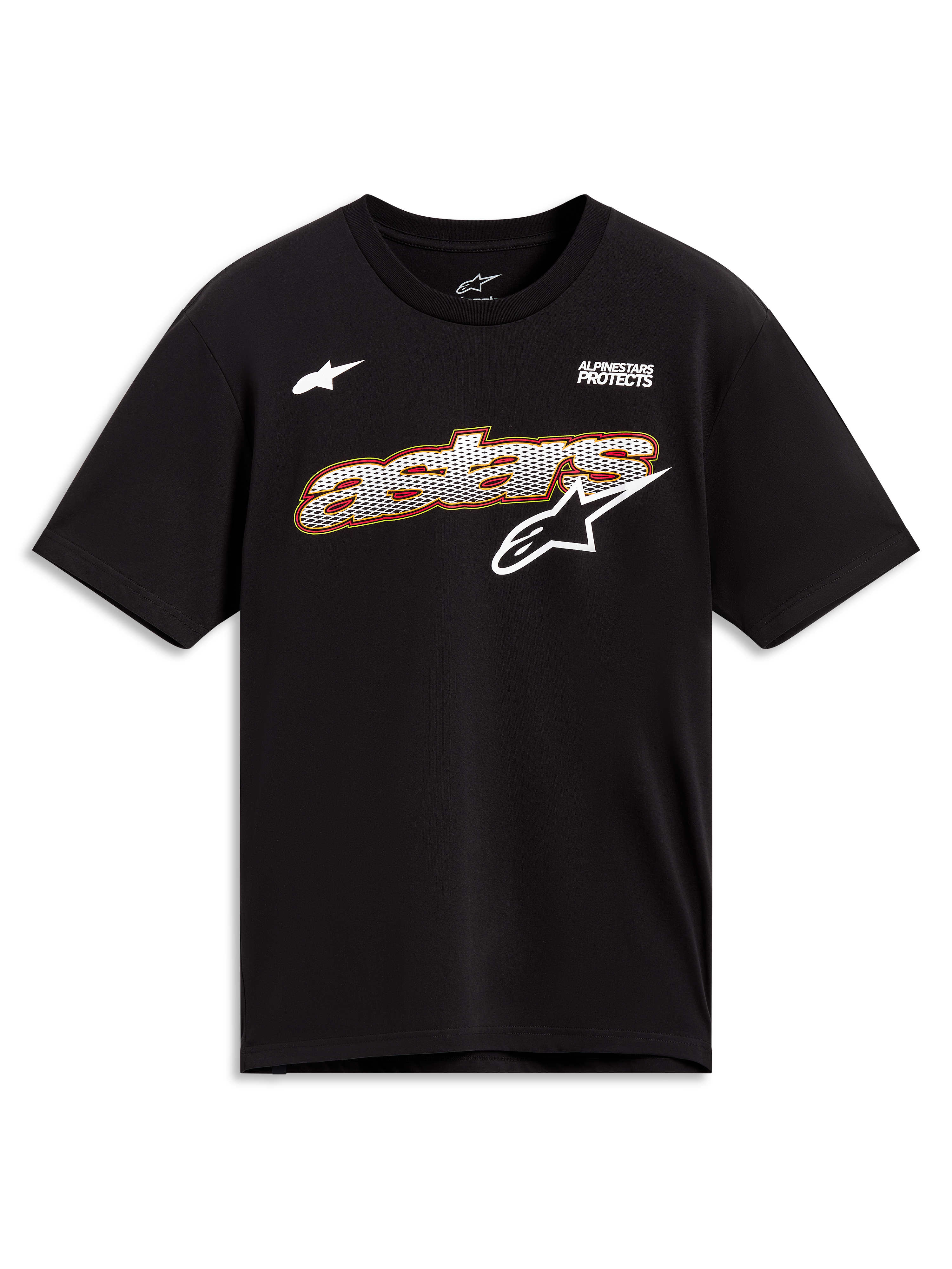 Alpinestars Cypress CSF T-Shirt, Kurzarm-Sportswear in Schwarz mit weißer Mesh-Astars-Grafik, lässiger Motorsport-Stil.