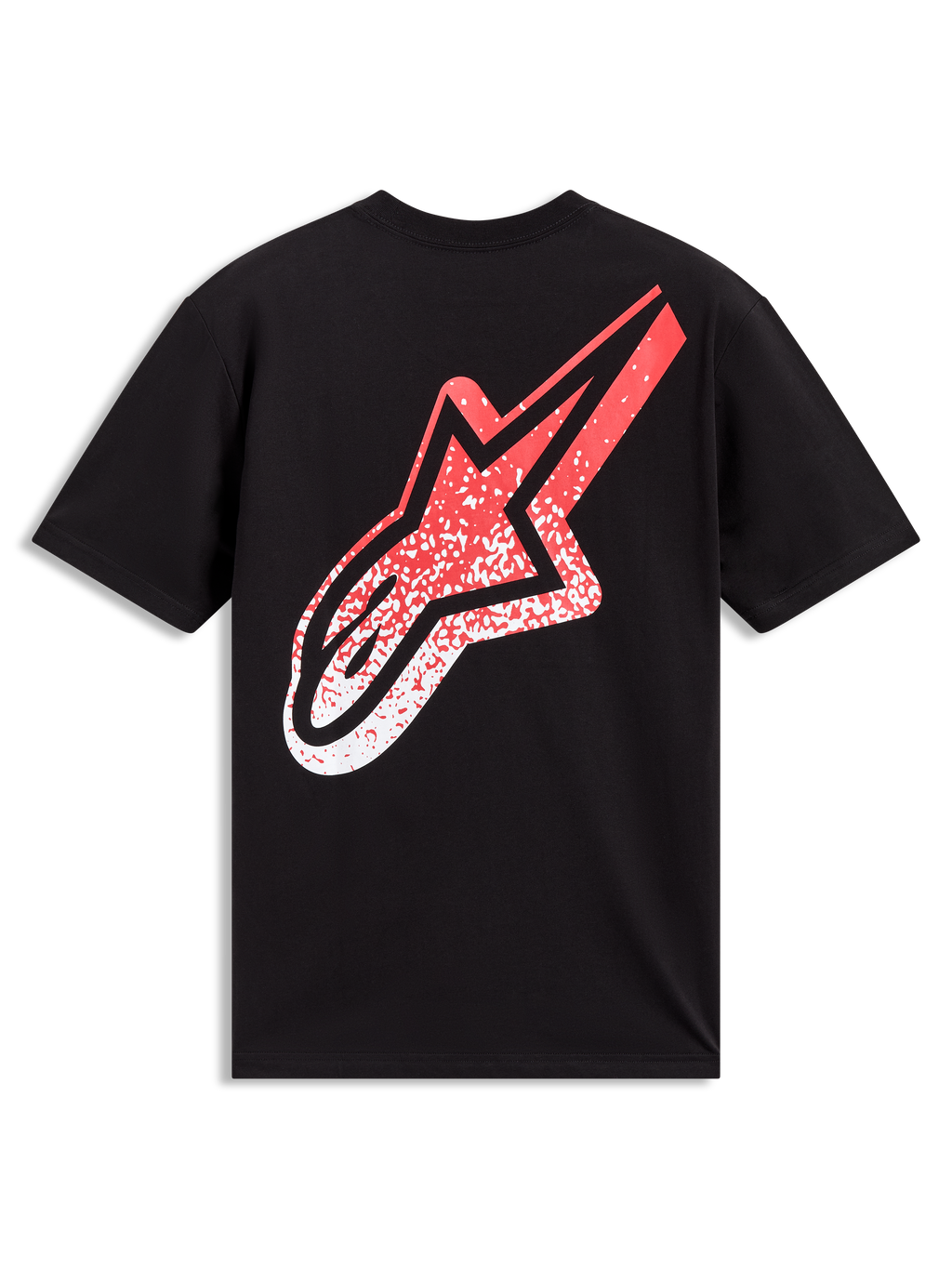 Alpinestars Meteor CSF T-Shirt, schwarzes Kurzarm-Sportshirt mit großem rot-weißem MX-Farbverlaufs-Logo auf der Rückseite.