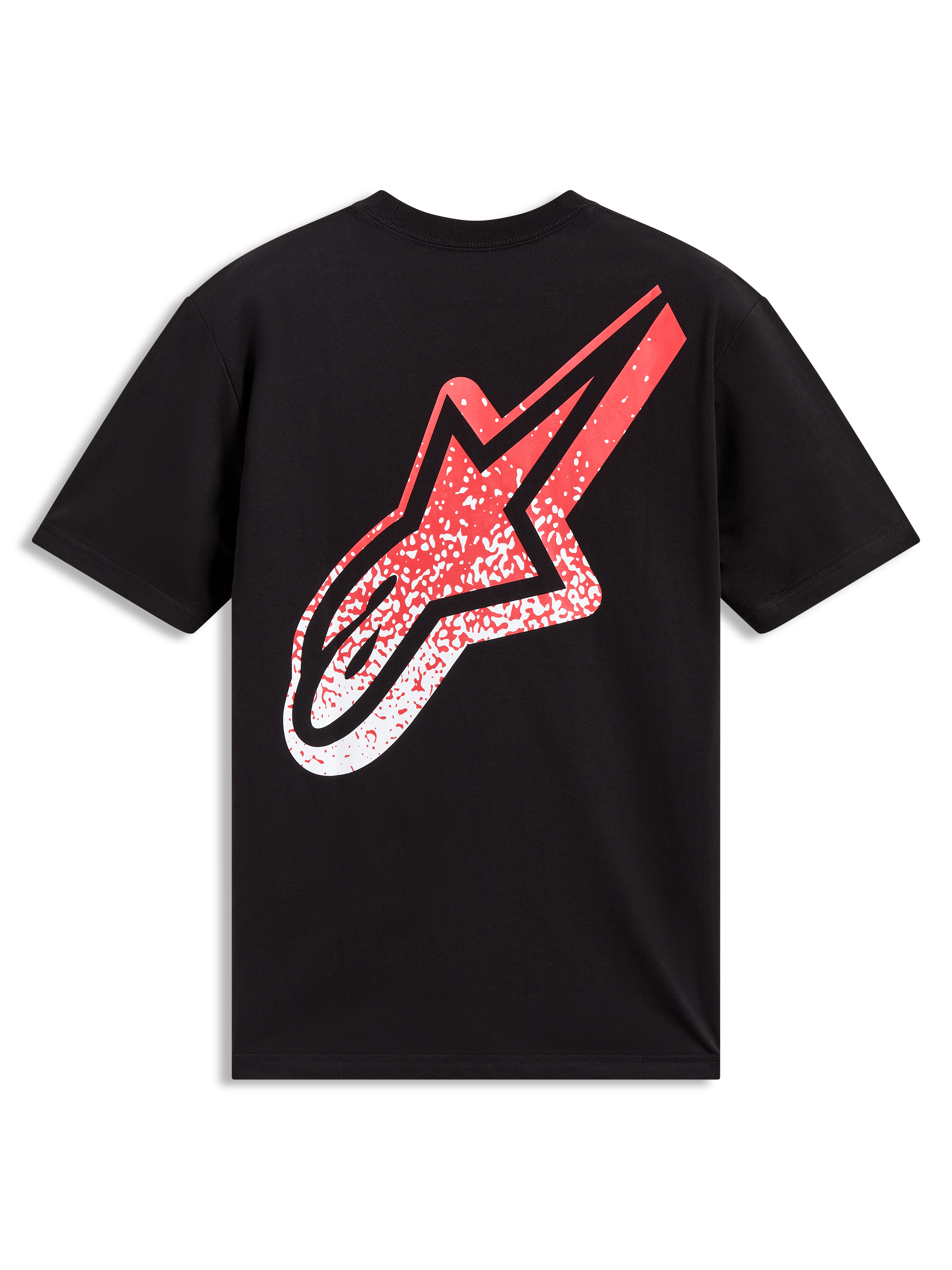 Alpinestars Meteor CSF T-Shirt, schwarzes Kurzarm-Sportshirt mit großem rot-weißem MX-Farbverlaufs-Logo auf der Rückseite.