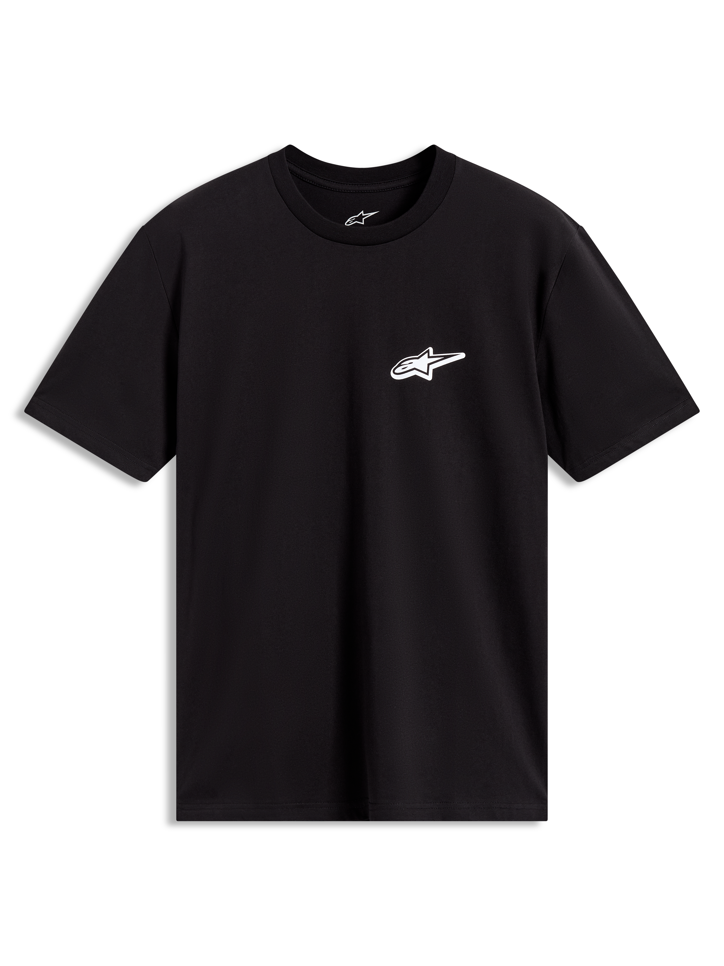 Alpinestars Meteor CSF T-Shirt, Kurzarm-T-Shirt in Schwarz mit weißem Brustlogo, lässige Motorsport-Sportswear.