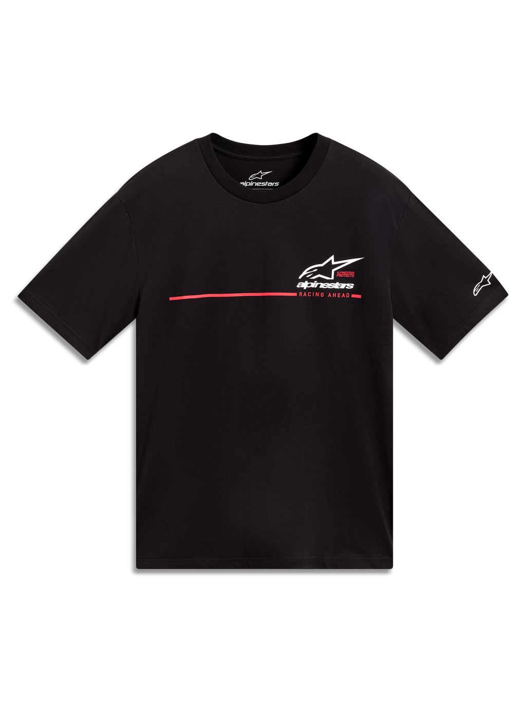 Alpinestars P1 CSF T-Shirt, Kurzarm-T-Shirt in Schwarz mit weißem Astars-Logo, rotem Rennstreifen und Racing Ahead-Grafik, lässige Motorsport-Streetwear.