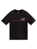 Alpinestars P1 CSF T-Shirt, Kurzarm-T-Shirt in Schwarz mit weißem Astars-Logo, rotem Rennstreifen und Racing Ahead-Grafik, lässige Motorsport-Streetwear.