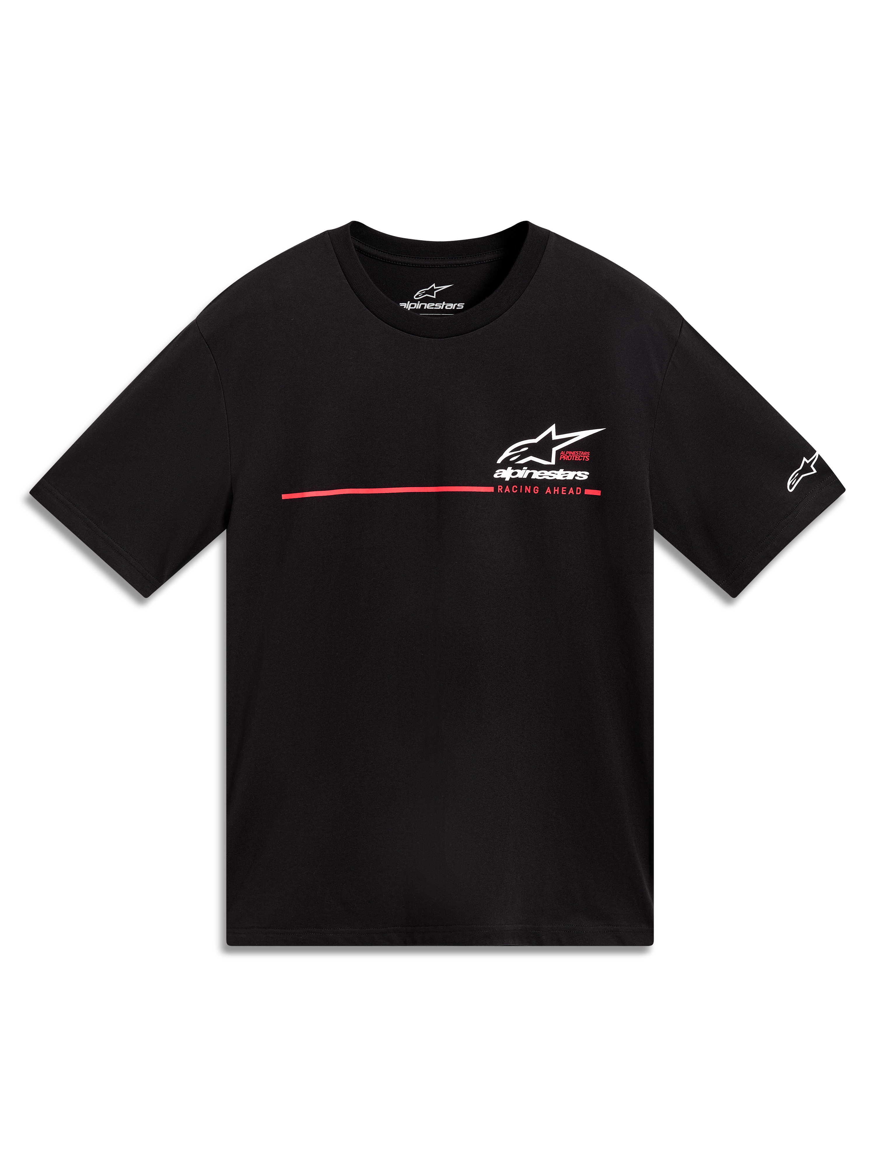 Alpinestars P1 CSF T-Shirt, Kurzarm-T-Shirt in Schwarz mit weißem Astars-Logo, rotem Rennstreifen und Racing Ahead-Grafik, lässige Motorsport-Streetwear.