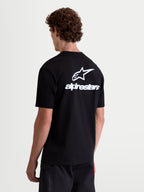 Alpinestars Combo Back CSF T-Shirt, Kurzarm-Sportswear-T-Shirt, Schwarz und Weiß, Rückansicht mit großem Astars-Logo und Wortmarken-Grafik, Premium-Baumwoll-Polyester-Mischung, lässige Motorsport-Bekleidung.