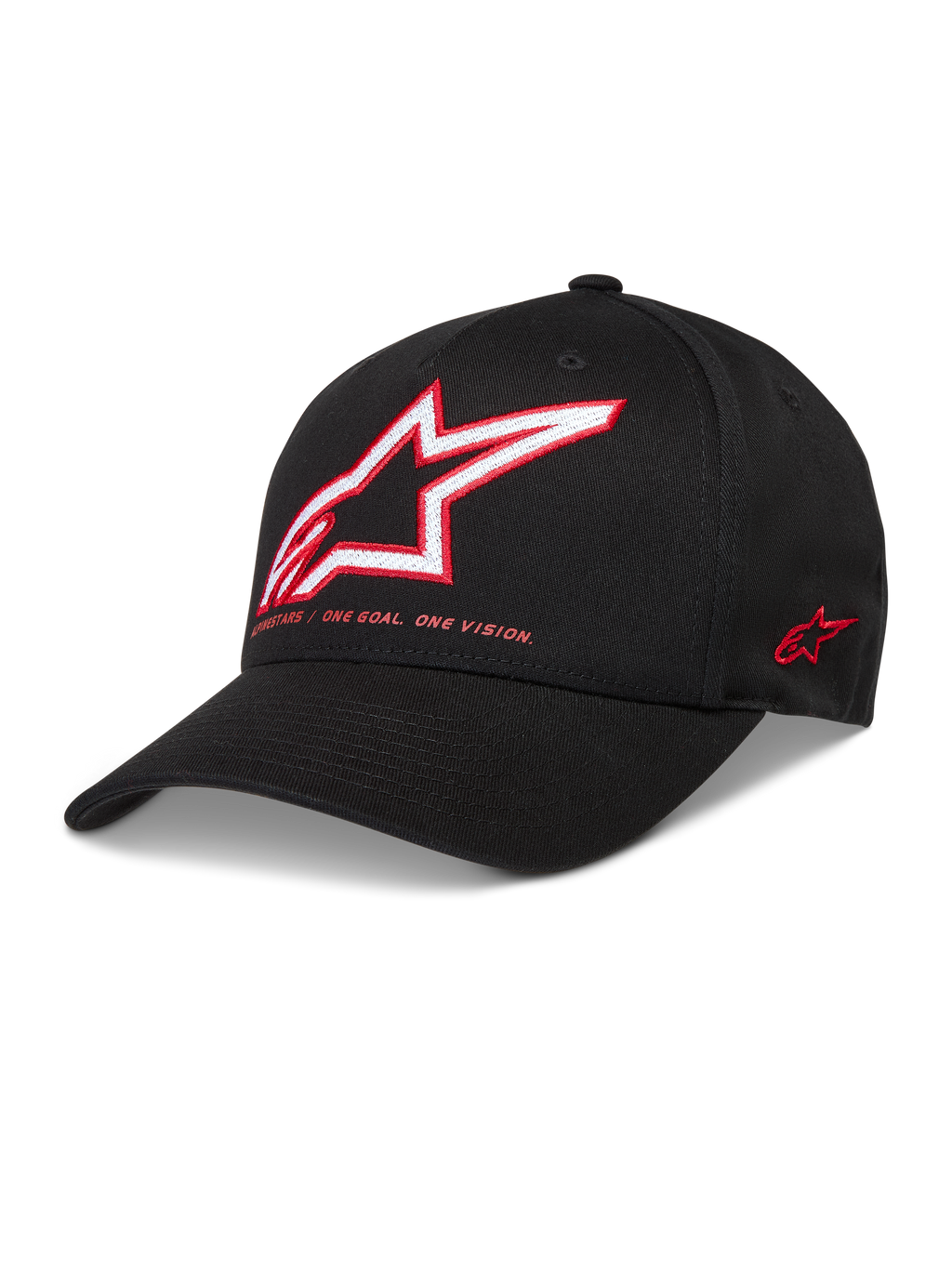 Alpinestars Lineout Hat, Black Sportswear Cap with Red and White Astars logo, featuring a curved bill and structured crown.