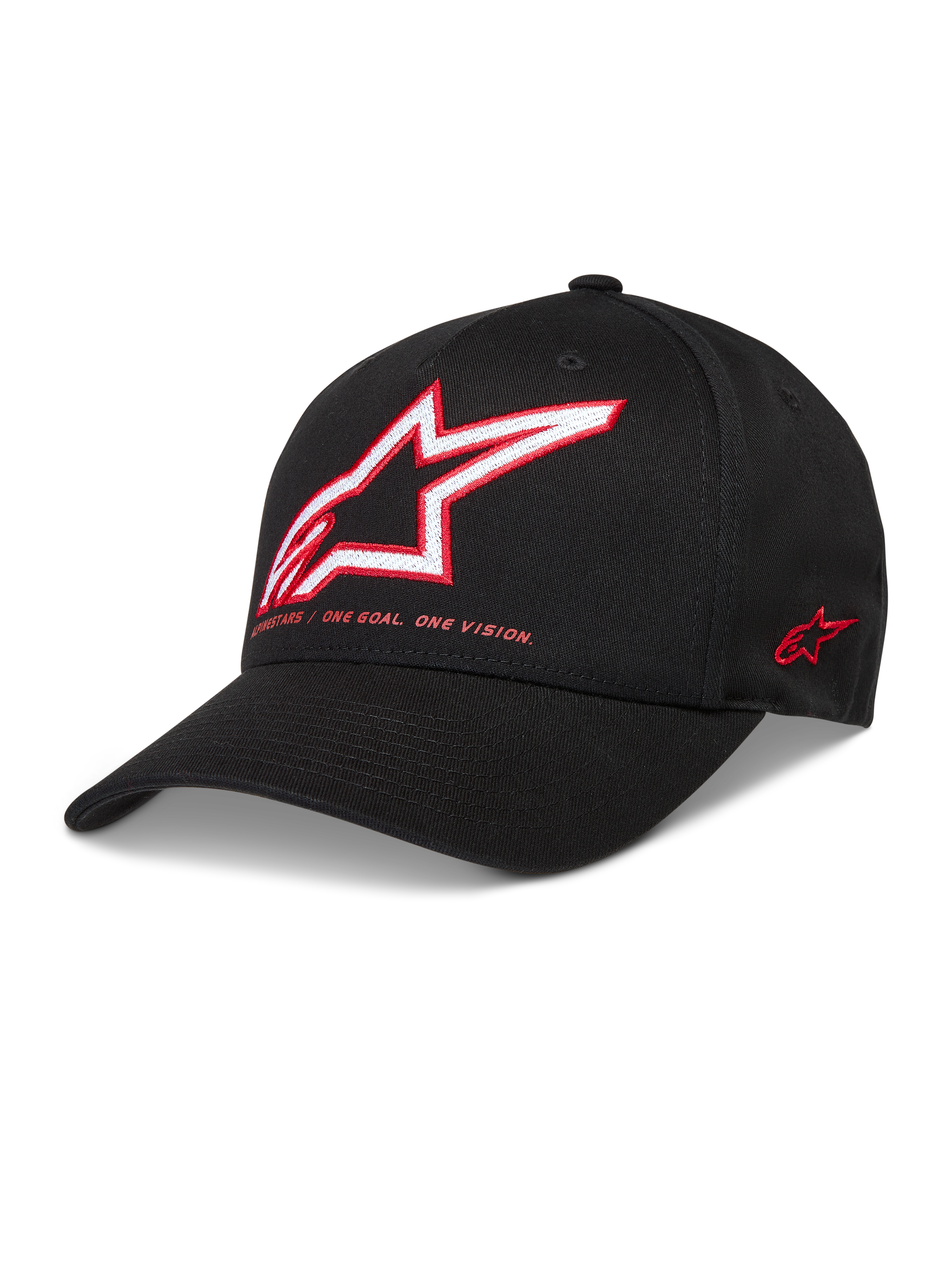 Alpinestars Lineout Hat, Black Sportswear Cap with Red and White Astars logo, featuring a curved bill and structured crown.