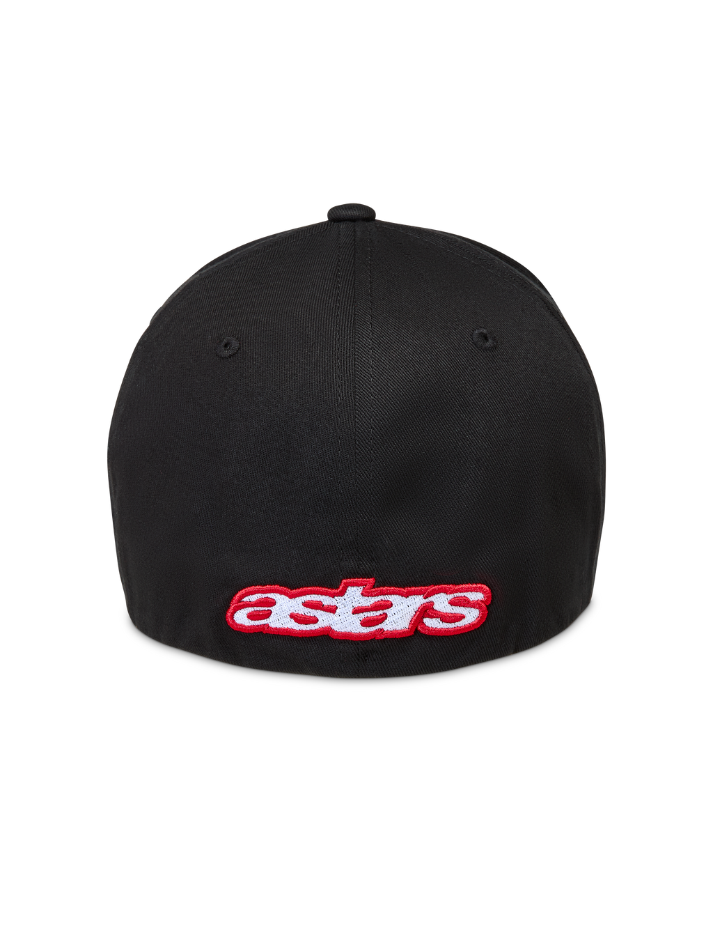 Alpinestars Lineout Hat, Sportswear Flex Back Cap, Black, red and white Astars logo embroidery, rear view.