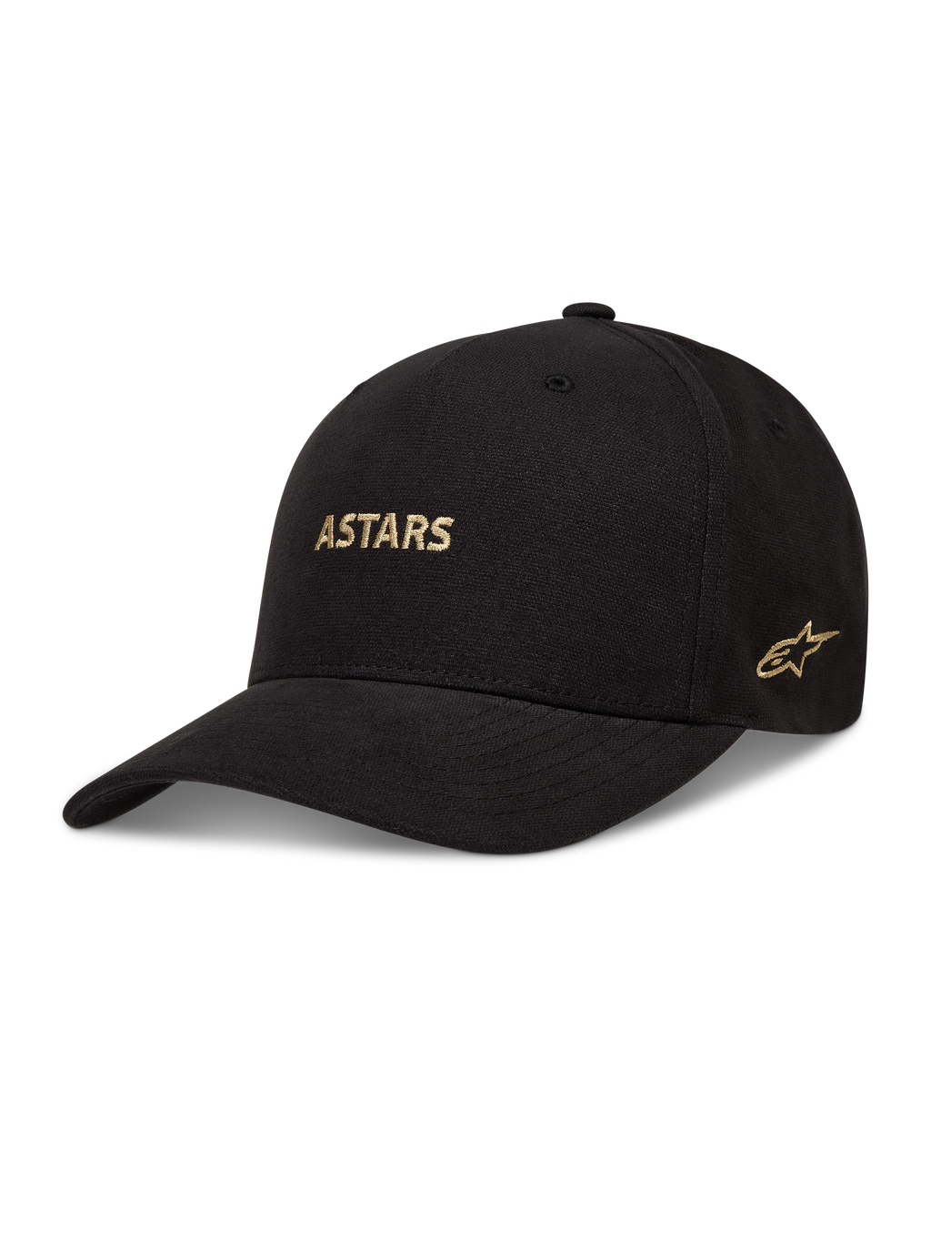 Alpinestars County Canvas Kappe, schwarze Sportswear-Kappe mit gebogenem Schirm und goldener Astars-Logo-Stickerei.
