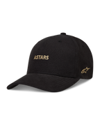 Alpinestars County Canvas Kappe, schwarze Sportswear-Kappe mit gebogenem Schirm und goldener Astars-Logo-Stickerei.