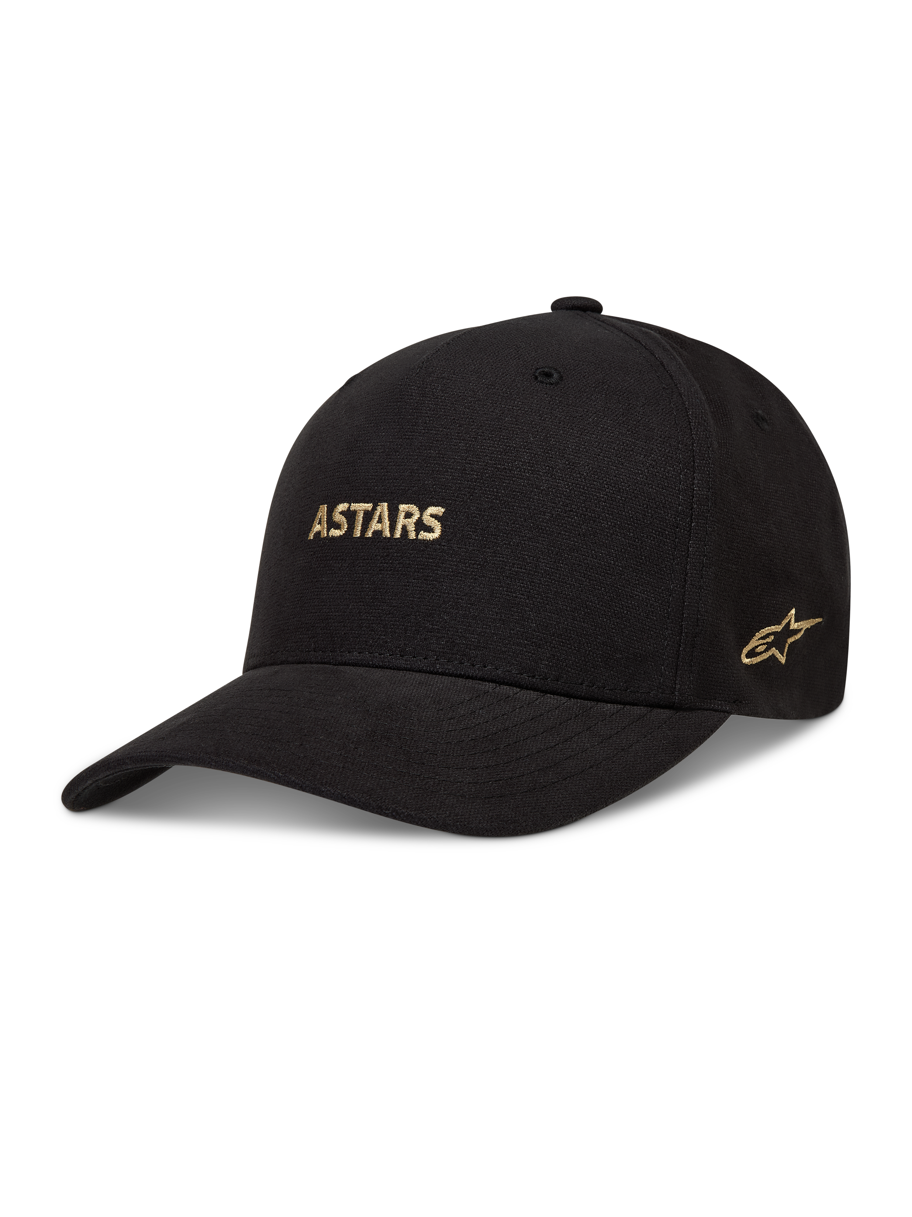 Alpinestars County Canvas Kappe, schwarze Sportswear-Kappe mit gebogenem Schirm und goldener Astars-Logo-Stickerei.