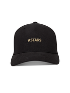 Alpinestars County Canvas Kappe, schwarze Kappe mit goldener ASTARS-Logostickerei, gebogenem Schirm und strukturierter Krone.