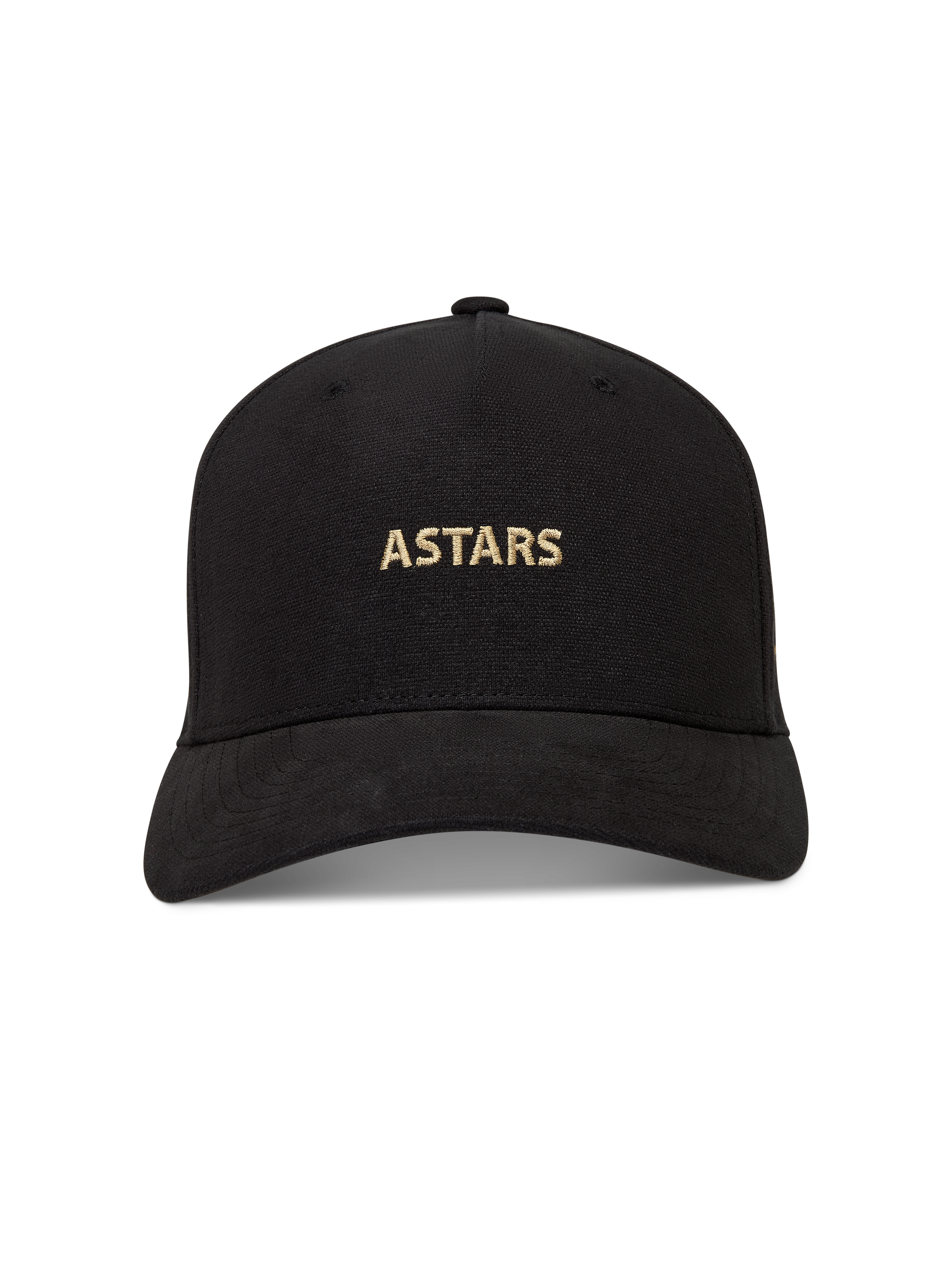 Alpinestars County Canvas Kappe, schwarze Kappe mit goldener ASTARS-Logostickerei, gebogenem Schirm und strukturierter Krone.