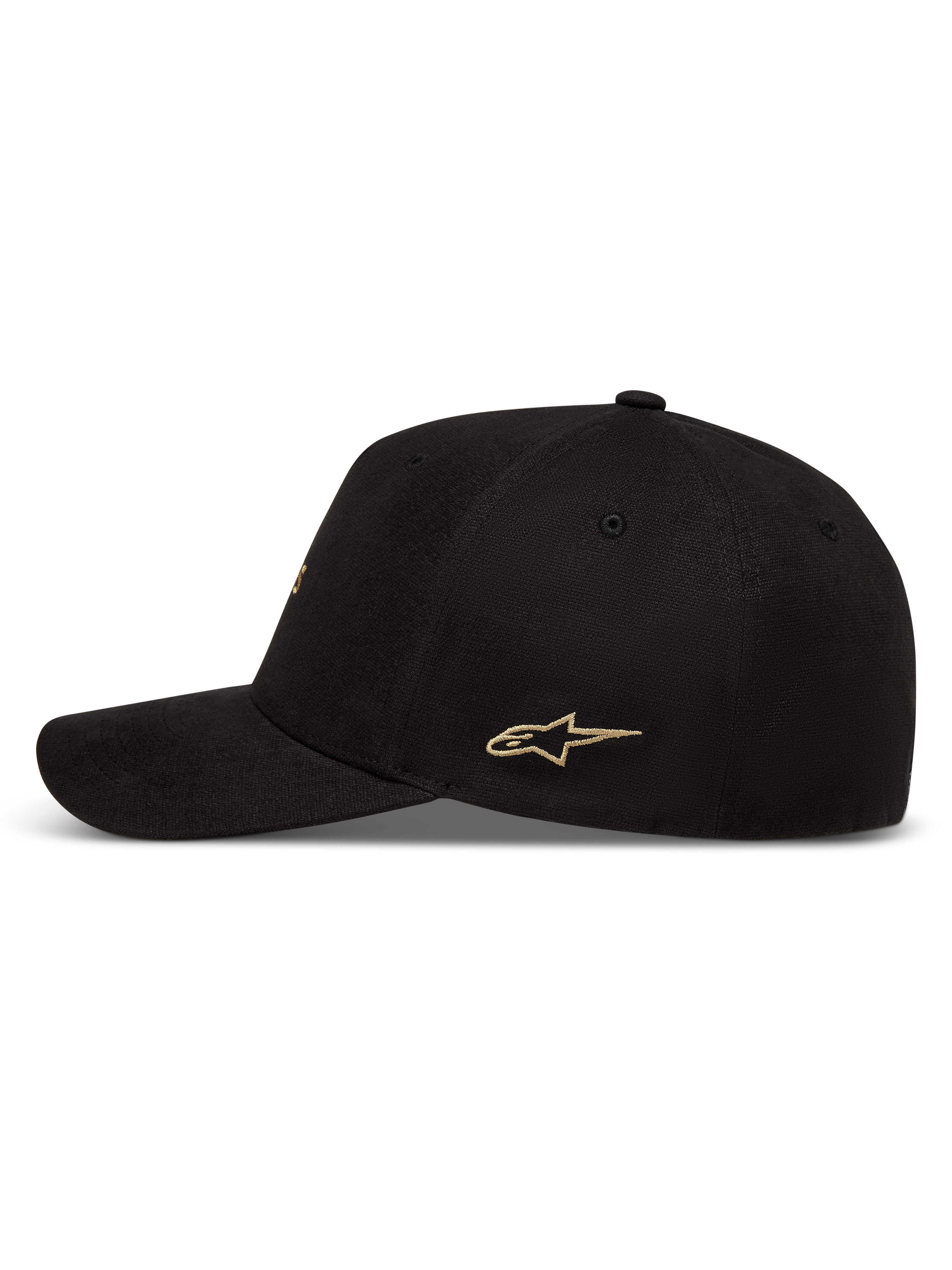 Alpinestars County Canvas Kappe, Sportswear-Kappe, Schwarz und Gold, Stern-Logo-Stickerei, Schirm, strukturierte Krone.