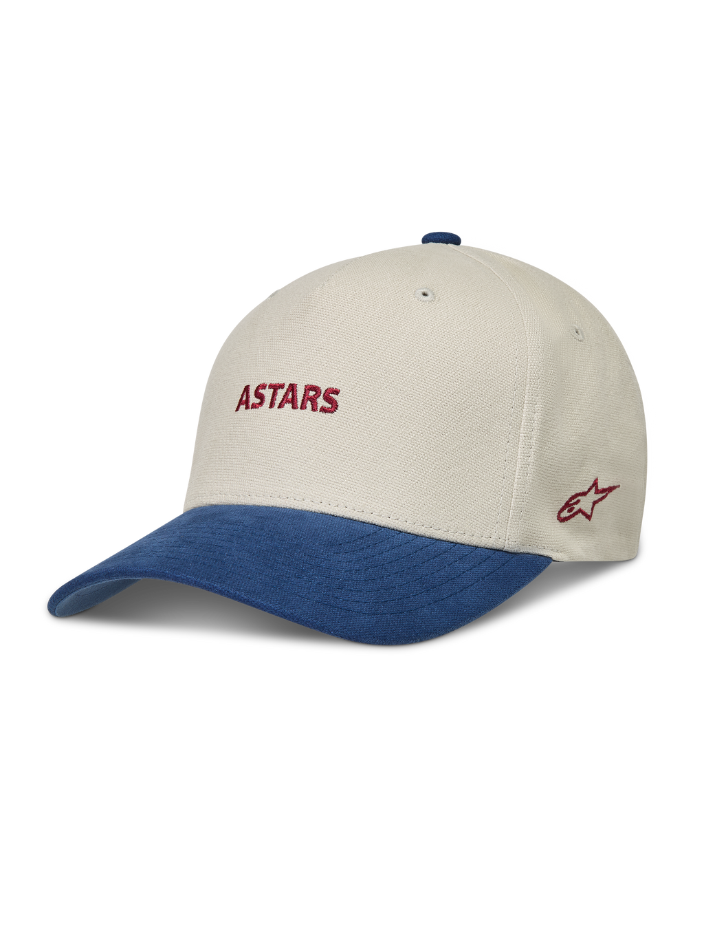 Alpinestars County Canvas Kappe, sand-blaue Sportswear-Cap mit gebogenem Schirm und roter Astars-Logo-Stickerei.