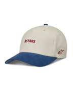 Alpinestars County Canvas Kappe, sand-blaue Sportswear-Cap mit gebogenem Schirm und roter Astars-Logo-Stickerei.