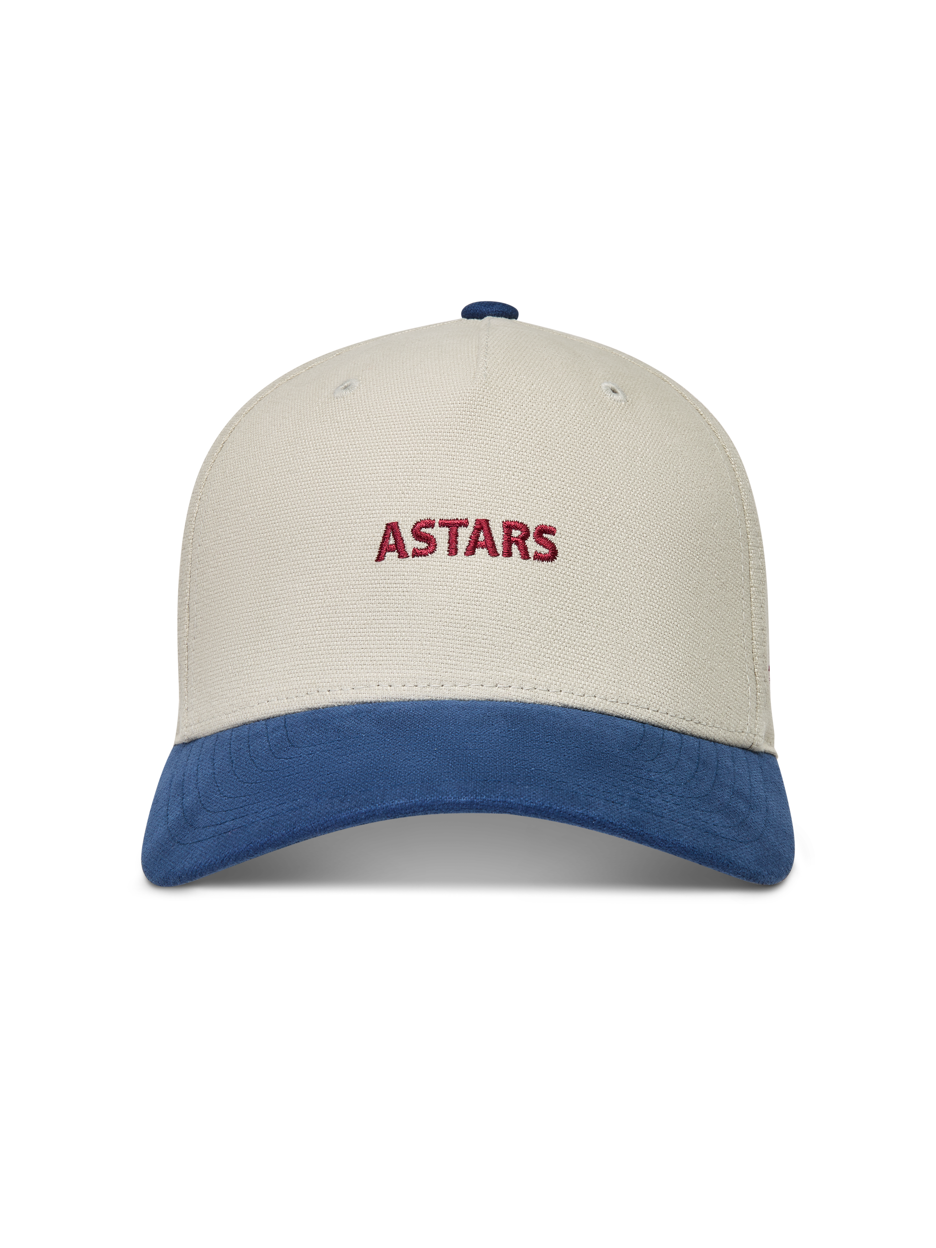 Alpinestars County Canvas Kappe, Sportswear-Kappe in Sand und Blau mit roter Astars-Logo-Stickerei und gebogenem Schirm.