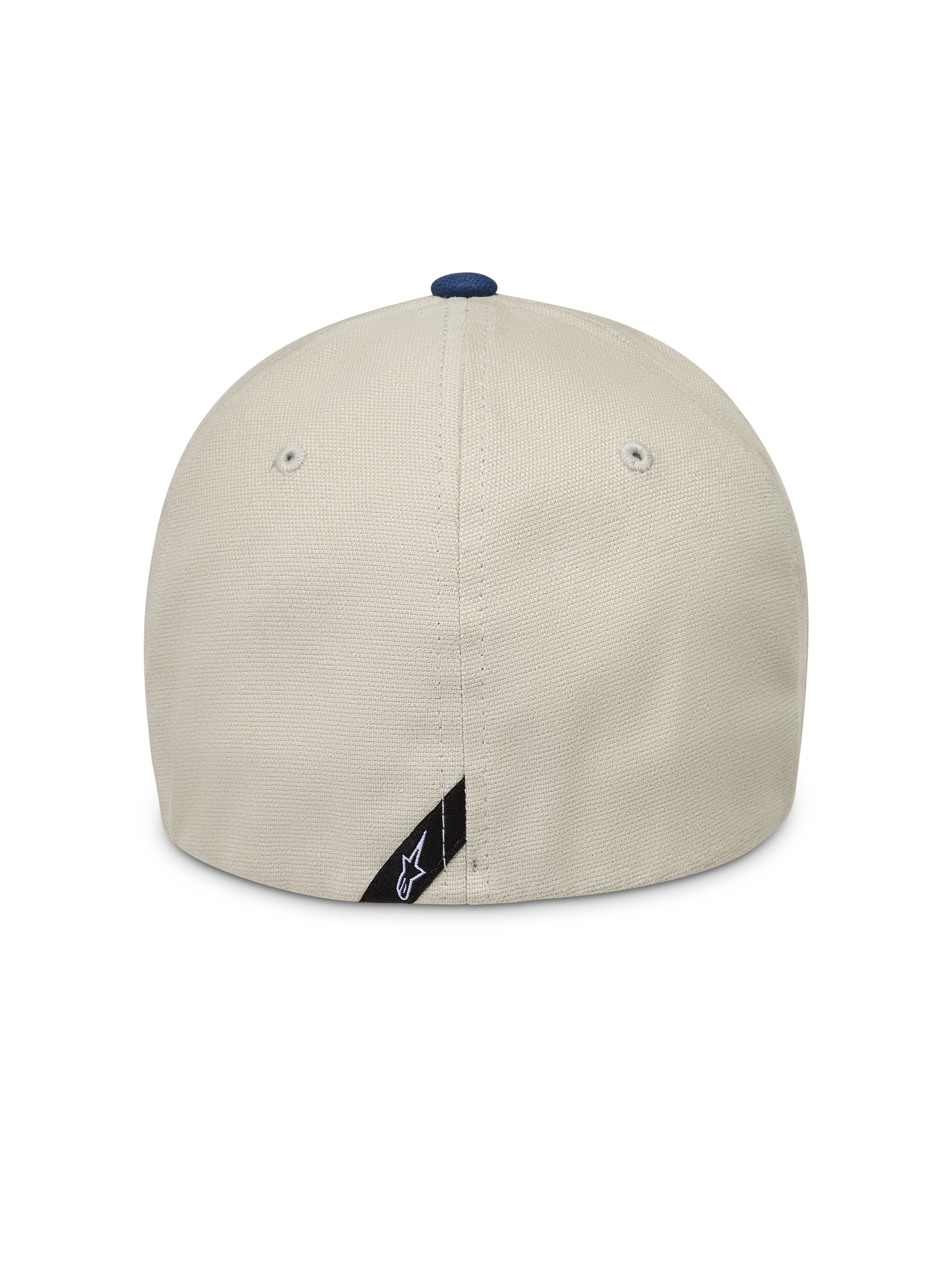 Alpinestars County Canvas Kappe, Sportswear-Kappe in Sand und Blau, Rückansicht mit Flex-Rückseite und Oxford-Peach-Gewebe.