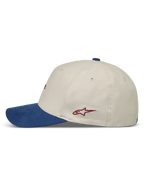 Alpinestars County Canvas Kappe in Sand und Blau, Sportswear-Kappe mit gebogenem Schirm und rotem Logo, Seitenansicht.