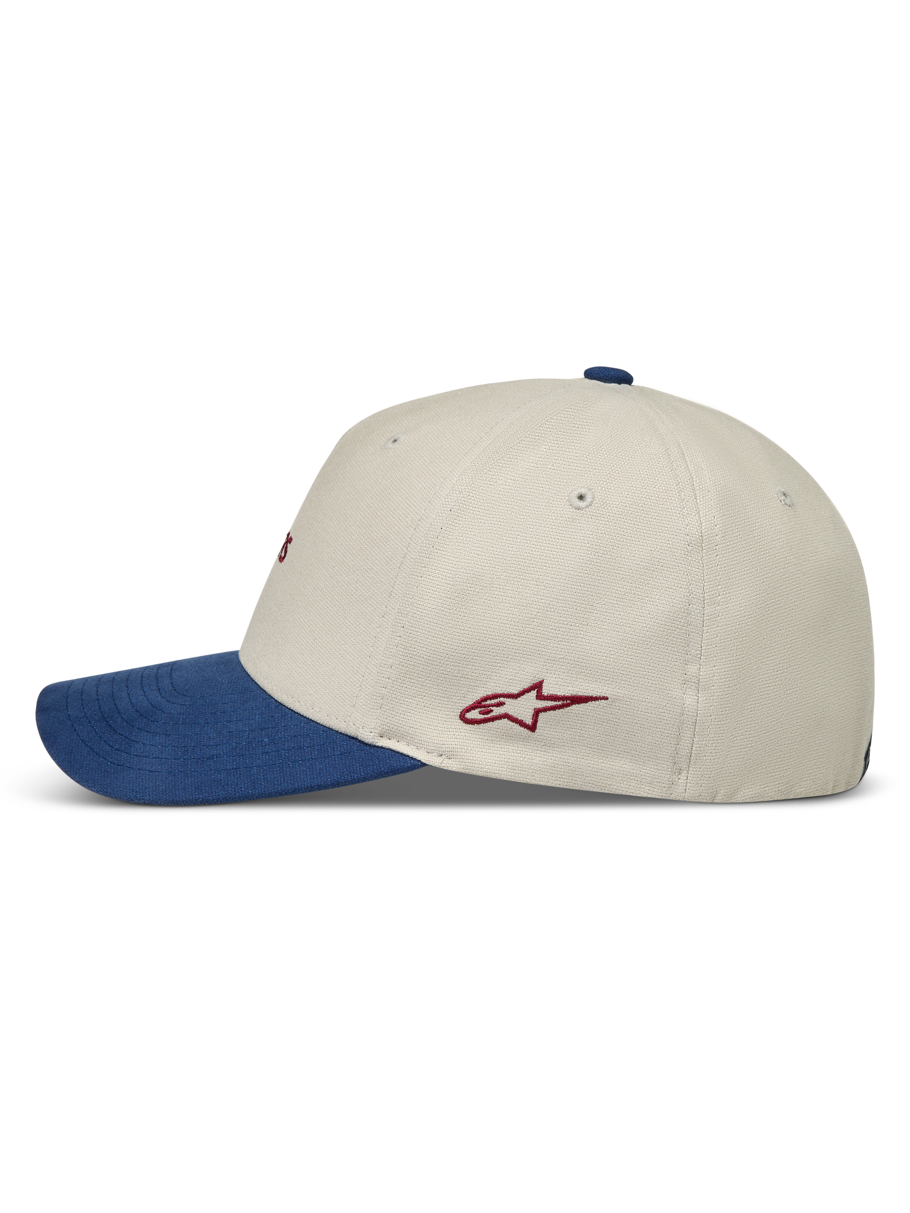 Alpinestars County Canvas Kappe in Sand und Blau, Sportswear-Kappe mit gebogenem Schirm und rotem Logo, Seitenansicht.