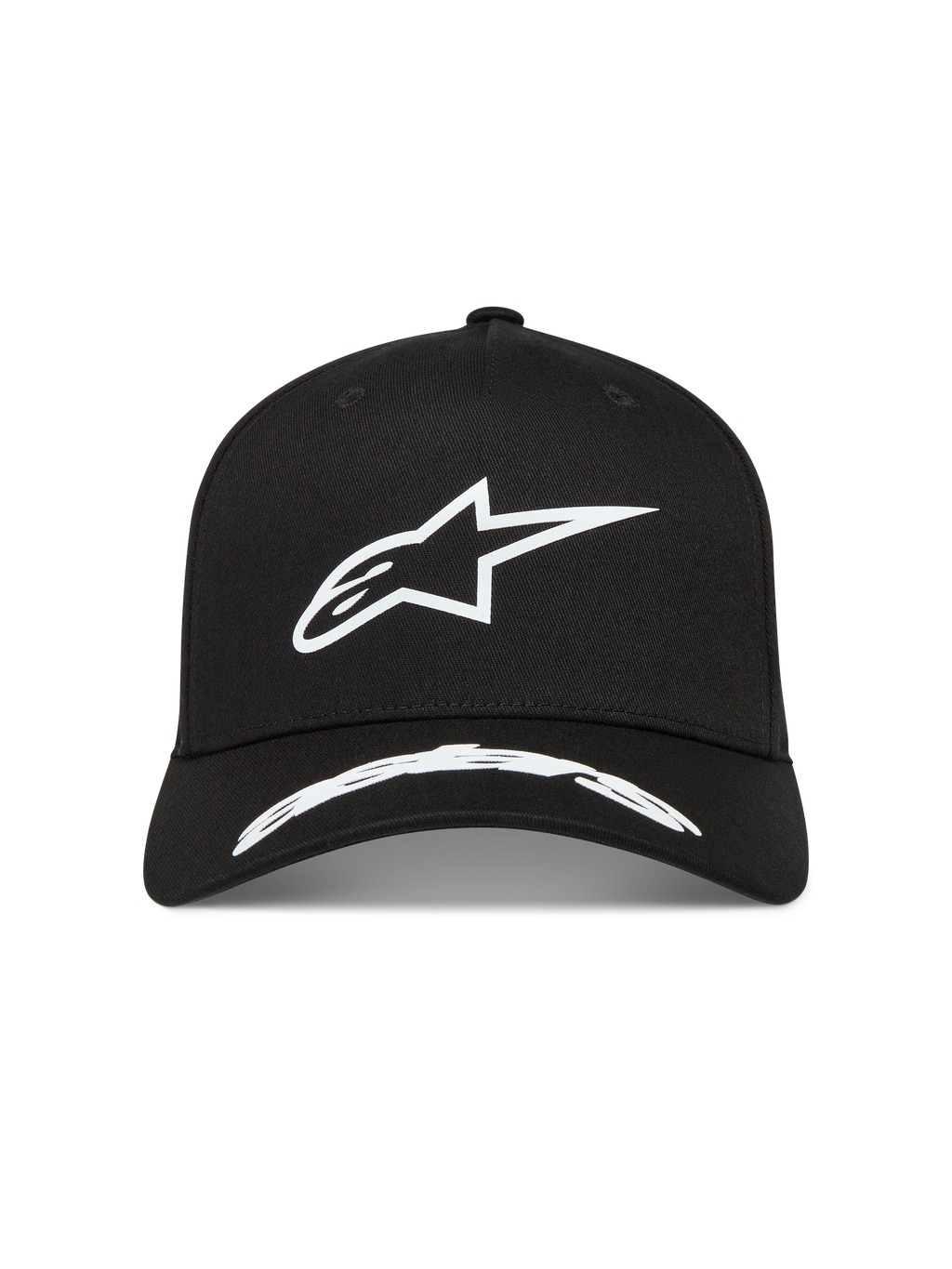 Alpinestars Arclight Hat, Black Twill Sportswear Cap with White Textured Puff Print Astars Logo and Curved Bill.