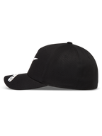 Alpinestars Arclight Hat, Black Sportswear Baseball Cap, side view with white logo, curved bill, and structured crown.