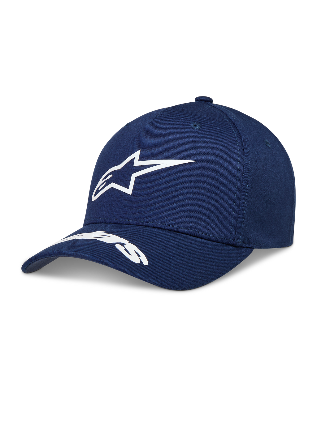Alpinestars Arclight Kappe, navyblaue Kappe mit weißem Puff-Druck Astars-Logo, gebogenem Schirm und strukturierter Krone.