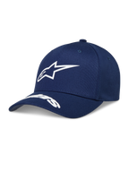 Alpinestars Arclight Kappe, navyblaue Kappe mit weißem Puff-Druck Astars-Logo, gebogenem Schirm und strukturierter Krone.
