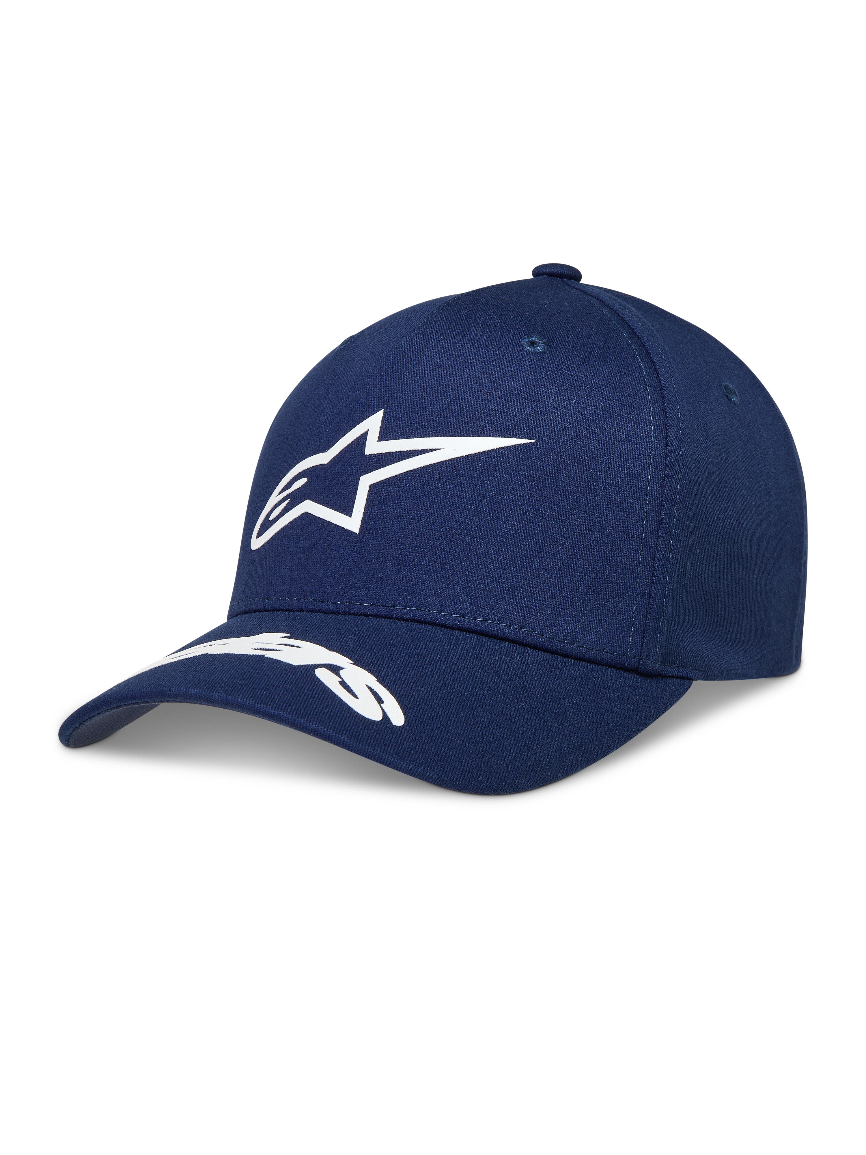 Alpinestars Arclight Kappe, navyblaue Kappe mit weißem Puff-Druck Astars-Logo, gebogenem Schirm und strukturierter Krone.