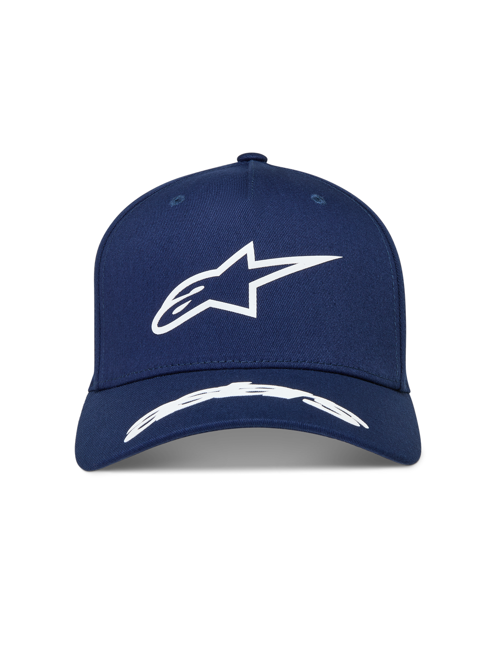 Alpinestars Arclight Kappe, dunkelblaue Sportswear-Kappe, weißes Puff-Druck Astars-Logo, strukturierte Krone, gebogener Schirm.