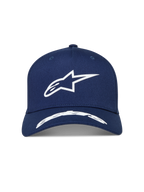 Alpinestars Arclight Kappe, dunkelblaue Sportswear-Kappe, weißes Puff-Druck Astars-Logo, strukturierte Krone, gebogener Schirm.