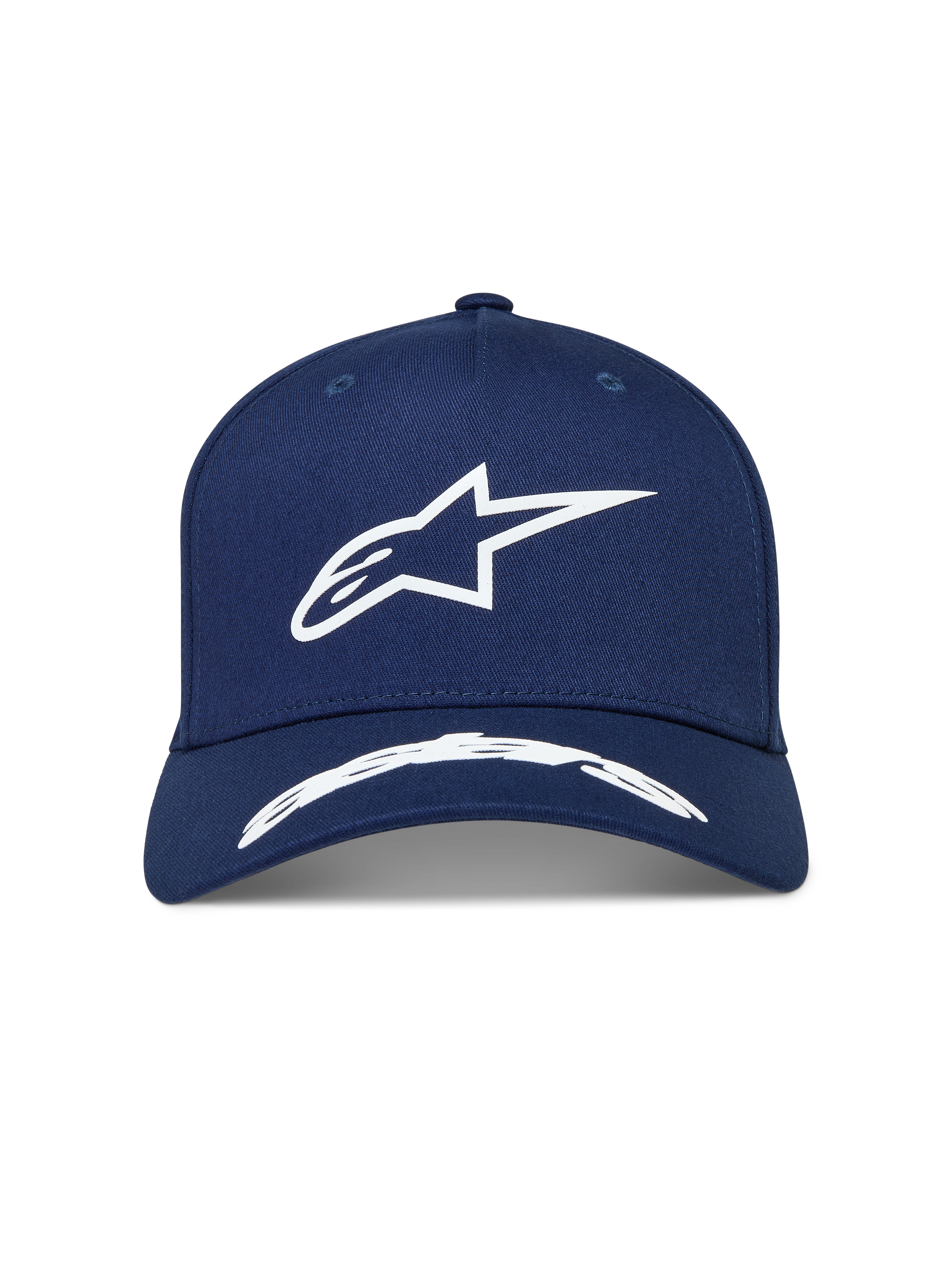 Alpinestars Arclight Kappe, dunkelblaue Sportswear-Kappe, weißes Puff-Druck Astars-Logo, strukturierte Krone, gebogener Schirm.