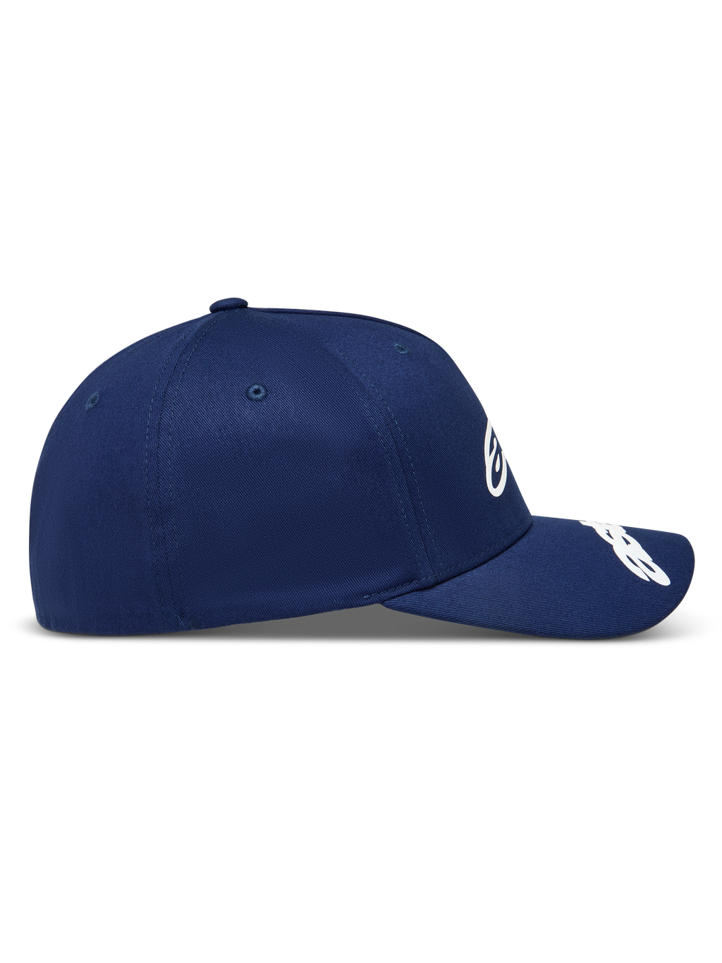 Alpinestars Arclight Kappe, marineblaue Sportswear-Kappe aus Twill mit gebogenem Schirm und strukturierter Krone, Seitenansicht.