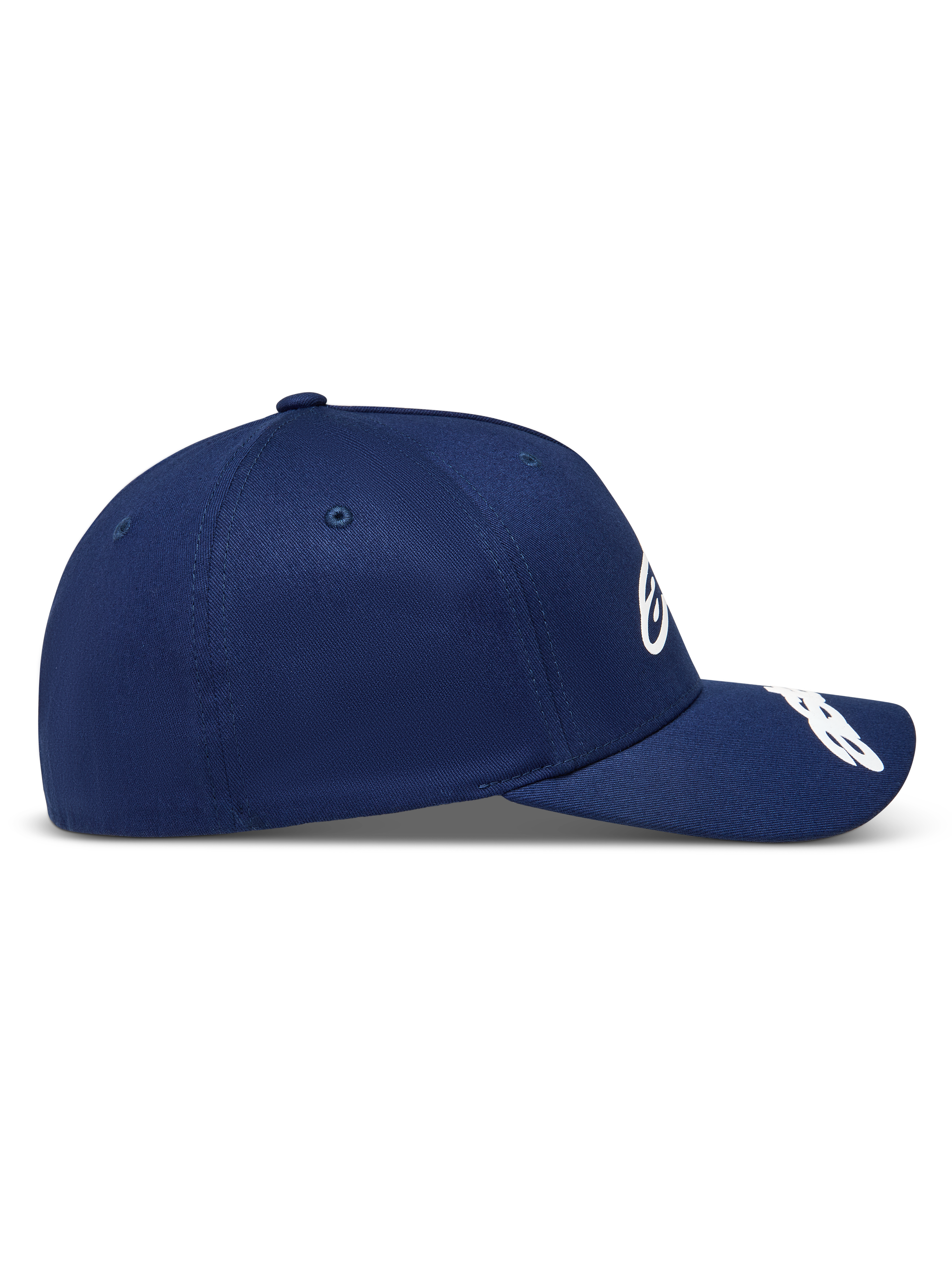 Alpinestars Arclight Kappe, marineblaue Sportswear-Kappe aus Twill mit gebogenem Schirm und strukturierter Krone, Seitenansicht.