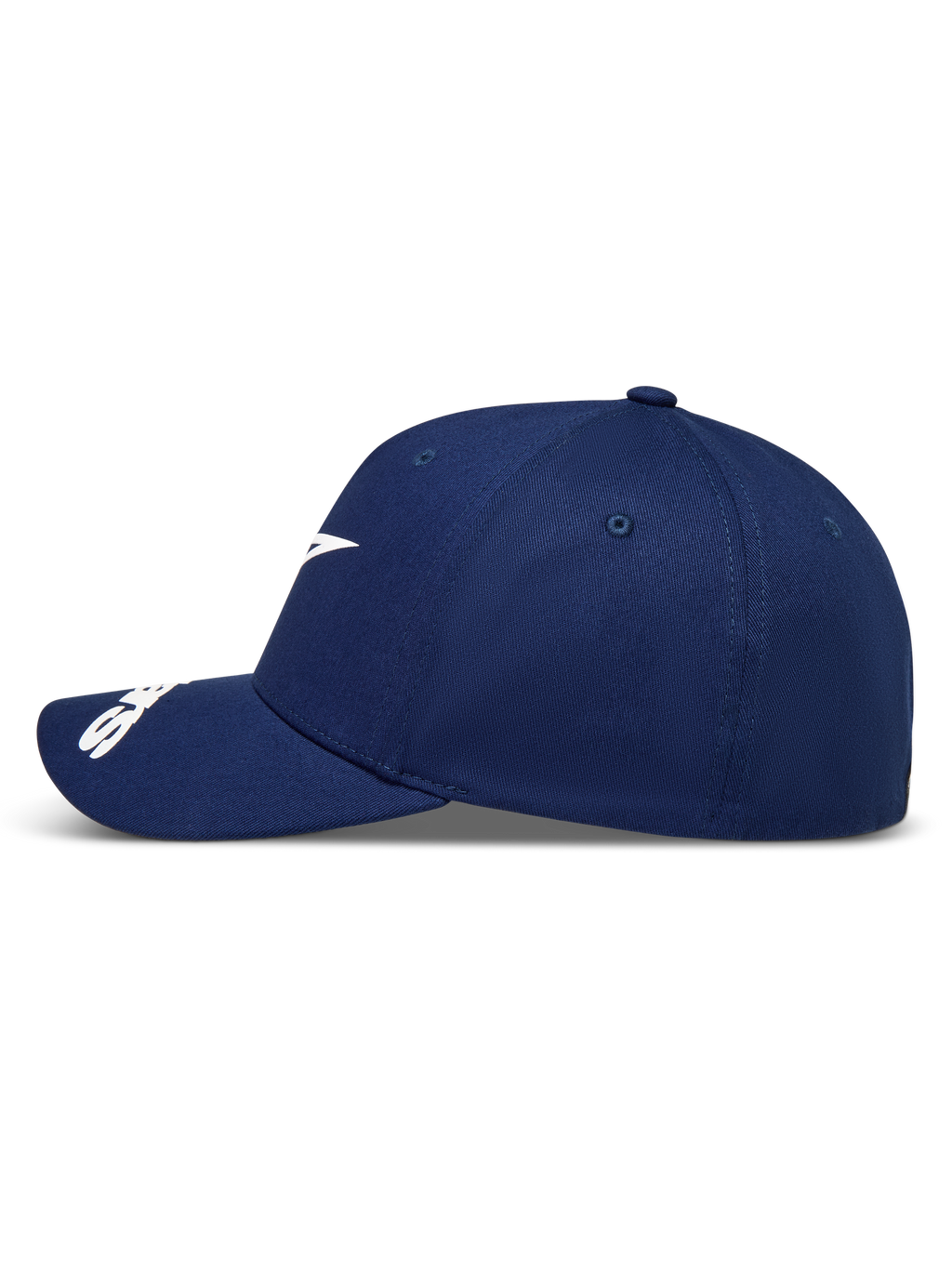 Alpinestars Arclight Kappe, marineblaue Sportswear-Kappe in Seitenansicht mit weißem Logo und gebogenem Schirm.
