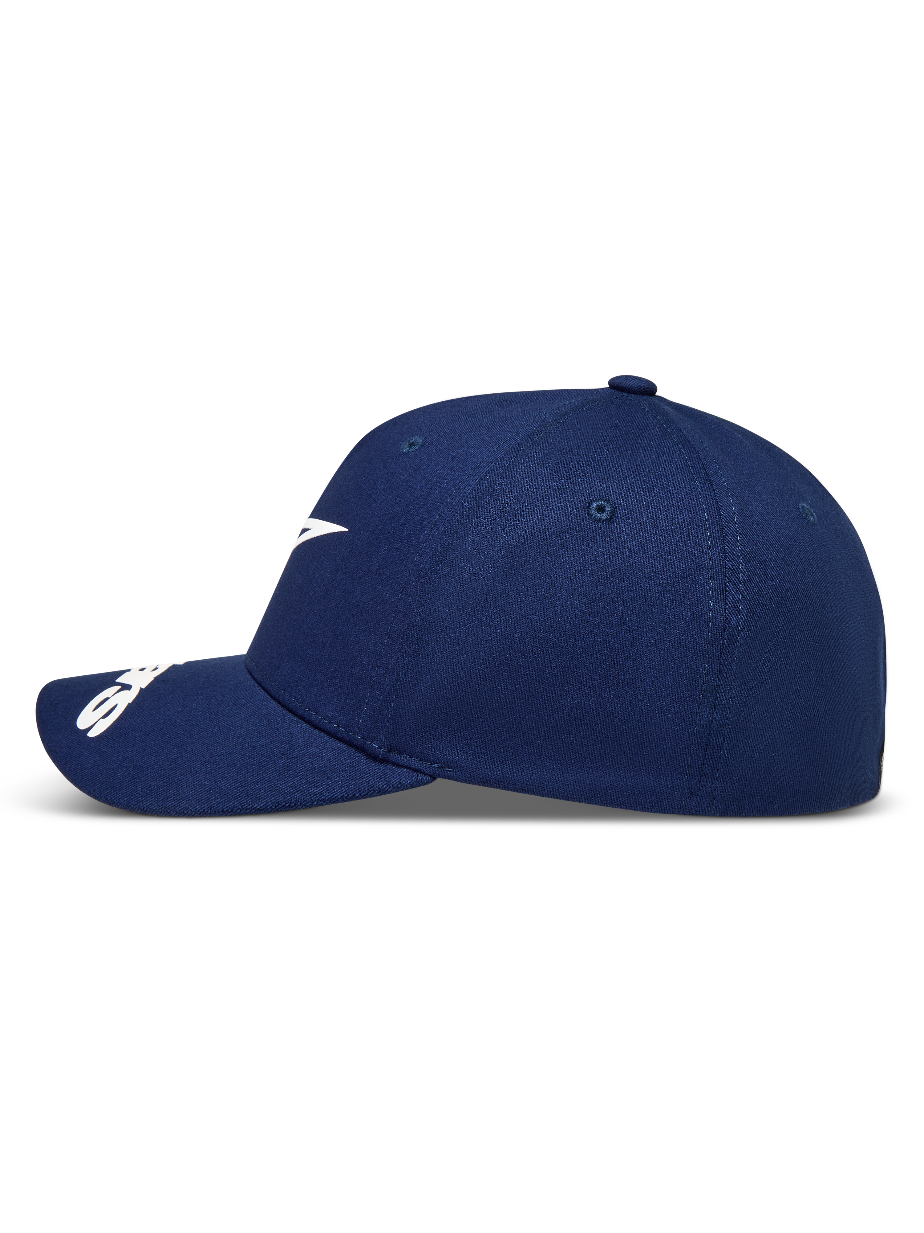 Alpinestars Arclight Kappe, marineblaue Sportswear-Kappe in Seitenansicht mit weißem Logo und gebogenem Schirm.