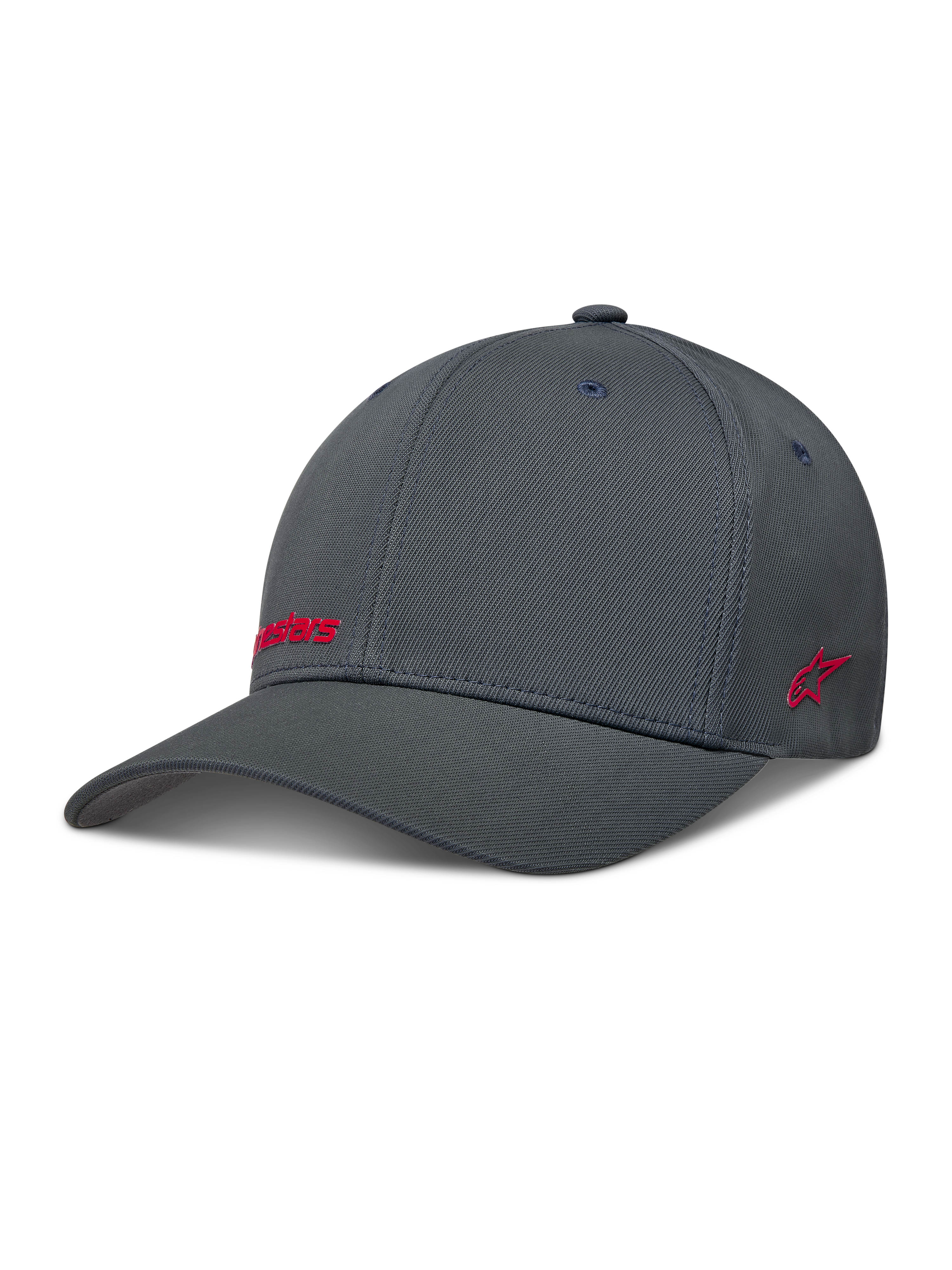 Alpinestars Points Kappe, dunkelgraue Sportswear-Kappe mit Flex-Rücken, Nylon-Tactel-Gewebe und roten HD-Druck-Logos.