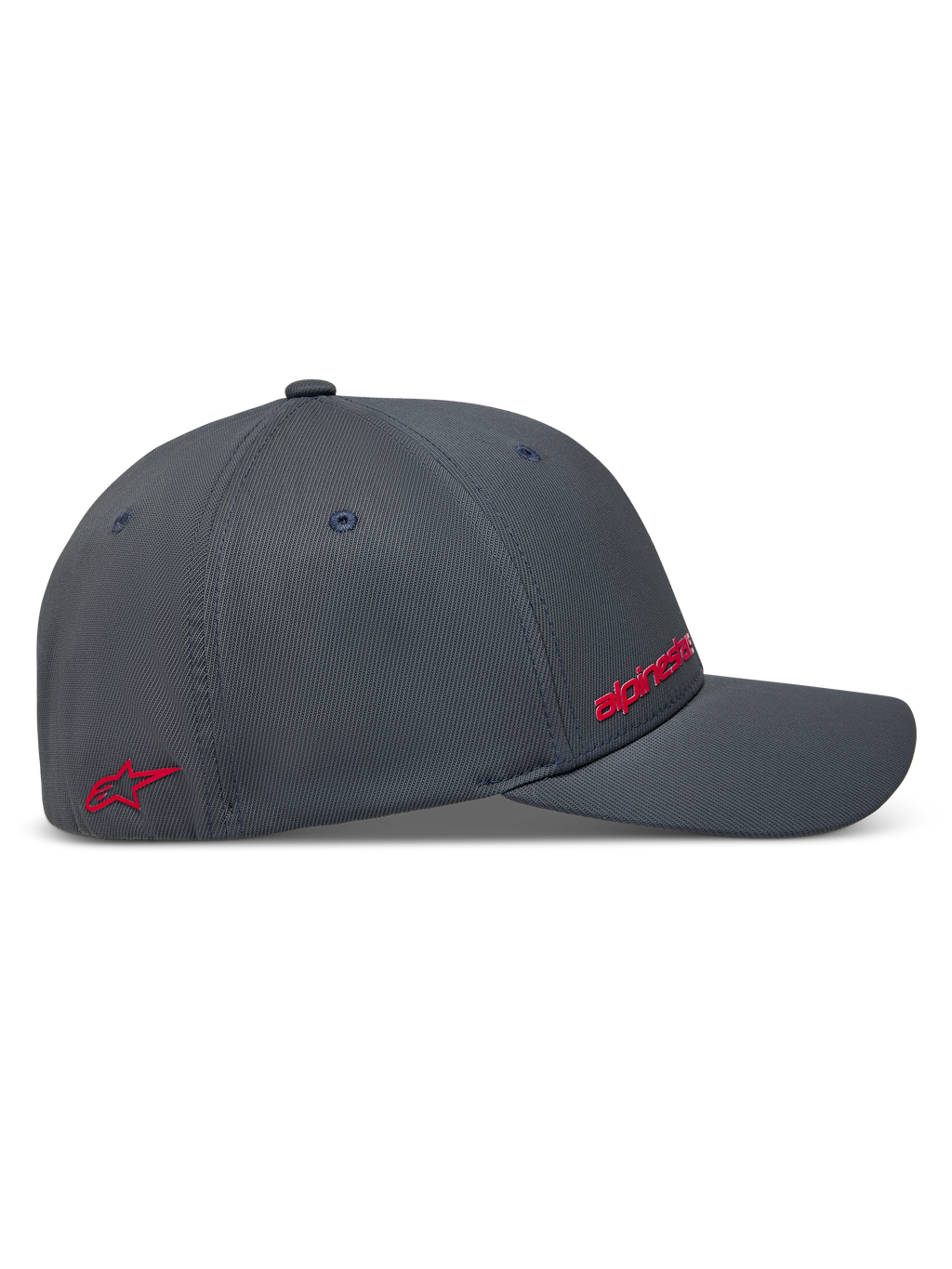 Alpinestars Points Kappe, dunkelgraue Sportswear-Kappe aus Nylon-Tactel mit roten HD-Druck-Logos, Seitenansicht.