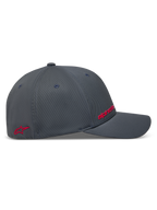 Alpinestars Points Kappe, dunkelgraue Sportswear-Kappe aus Nylon-Tactel mit roten HD-Druck-Logos, Seitenansicht.