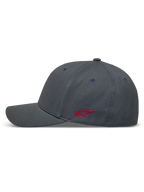 Alpinestars Points Kappe, dunkelgraue Sportswear-Kappe mit rotem Astars-Seitenlogo aus Nylon-Tactel-Gewebe.