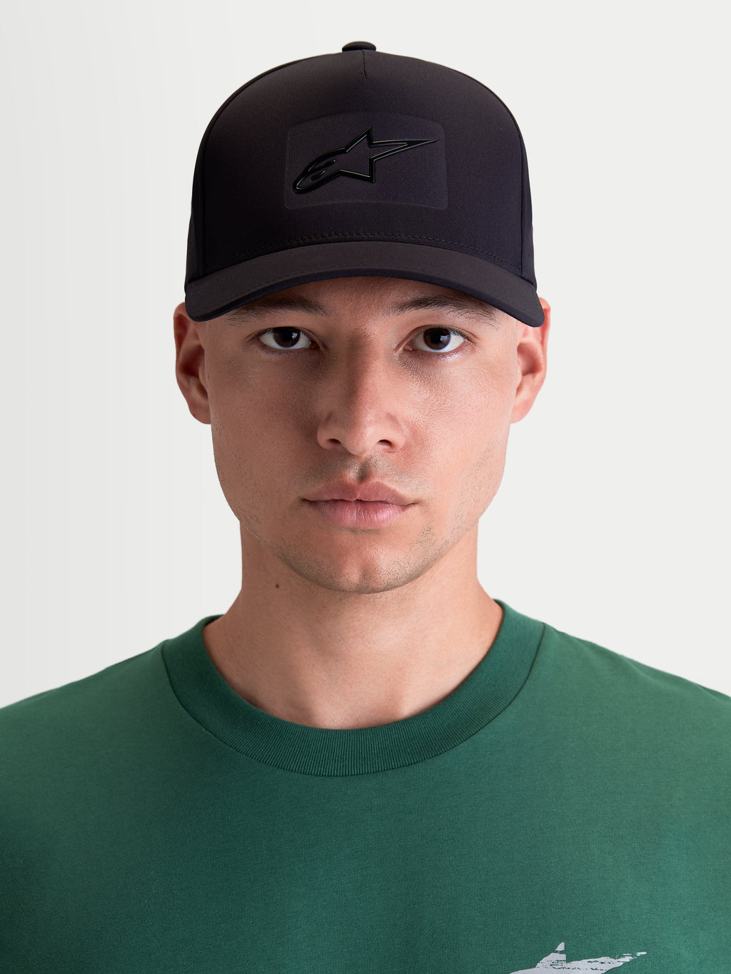 Alpinestars Algo Perf Adjustable Hat, Sportswear Snapback Cap for Men and Women, Black Technical Fabric with Sonic-Weld Astars Logo, Structured Crown and Curved Bill, Front View On-Model