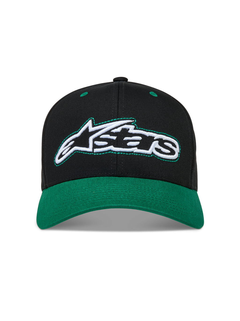 Alpinestars Retro Snapback Kappe, schwarz-grüne Sportswear-Kappe aus Baumwolltwill mit gebogenem Schirm und gesticktem Logo.