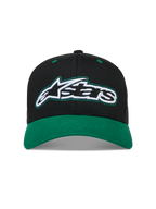 Alpinestars Retro Snapback Kappe, schwarz-grüne Sportswear-Kappe aus Baumwolltwill mit gebogenem Schirm und gesticktem Logo.