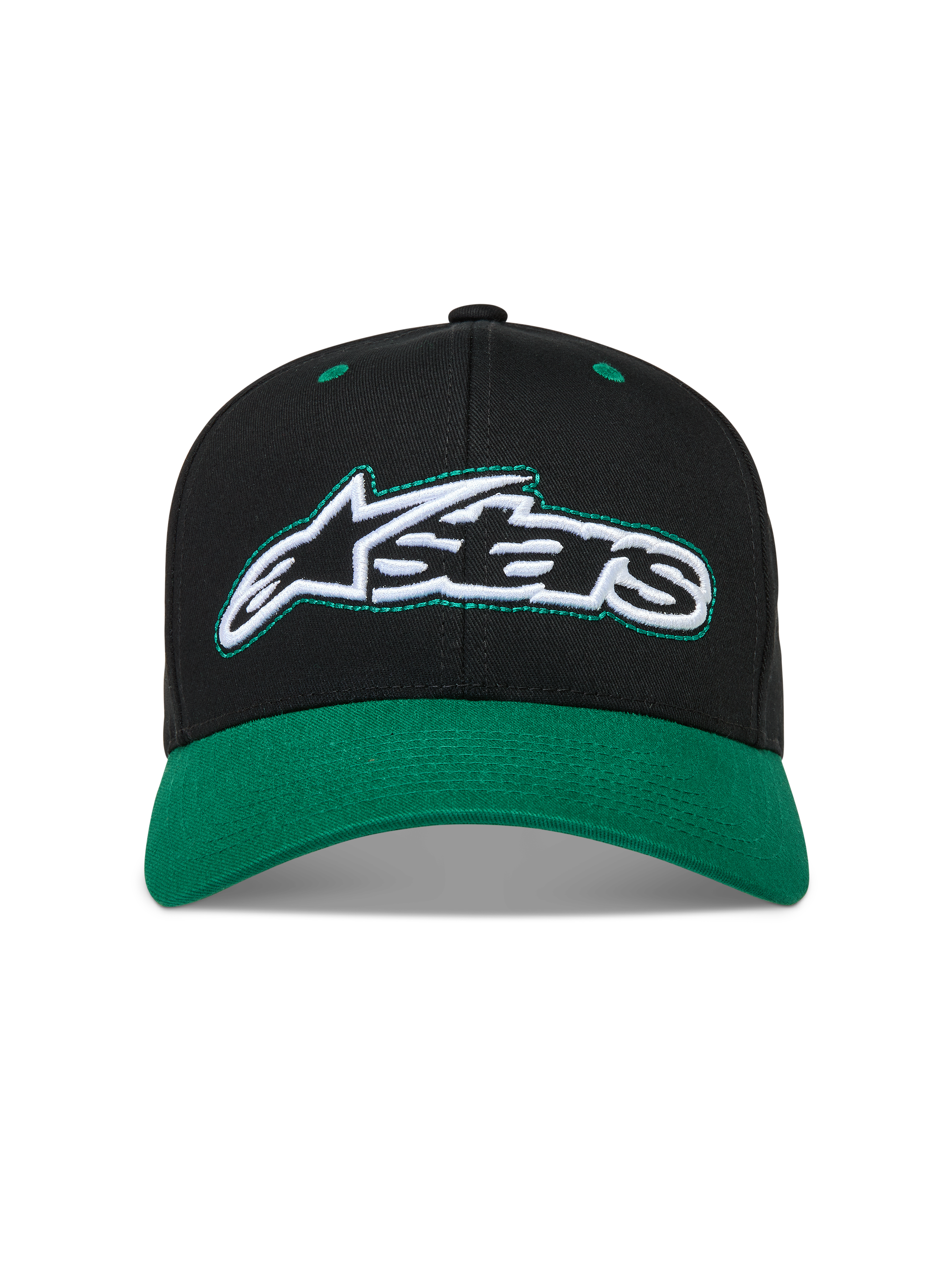 Alpinestars Retro Snapback Kappe, schwarz-grüne Sportswear-Kappe aus Baumwolltwill mit gebogenem Schirm und gesticktem Logo.